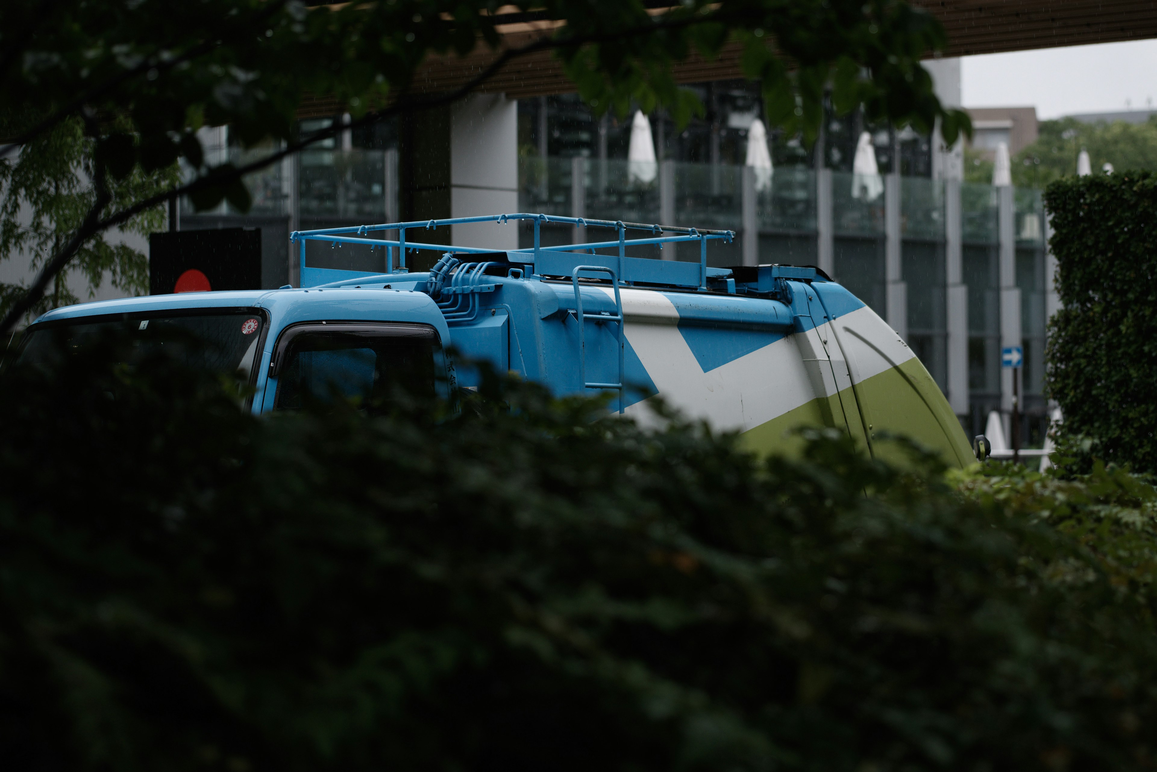 Toit de camion bleu partiellement obstrué par un feuillage vert