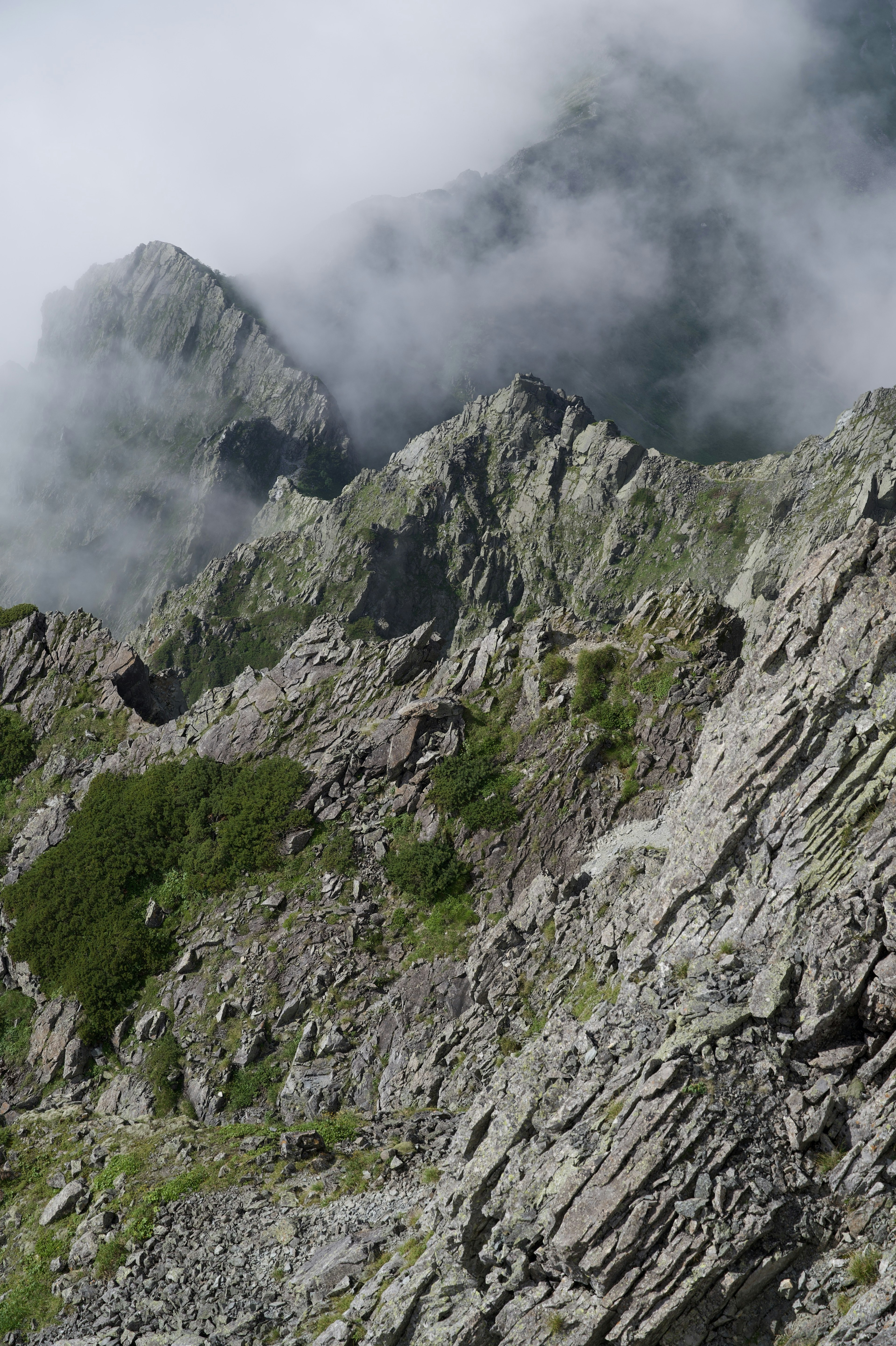 Cime montuose rocciose avvolte nelle nuvole con macchie verdi