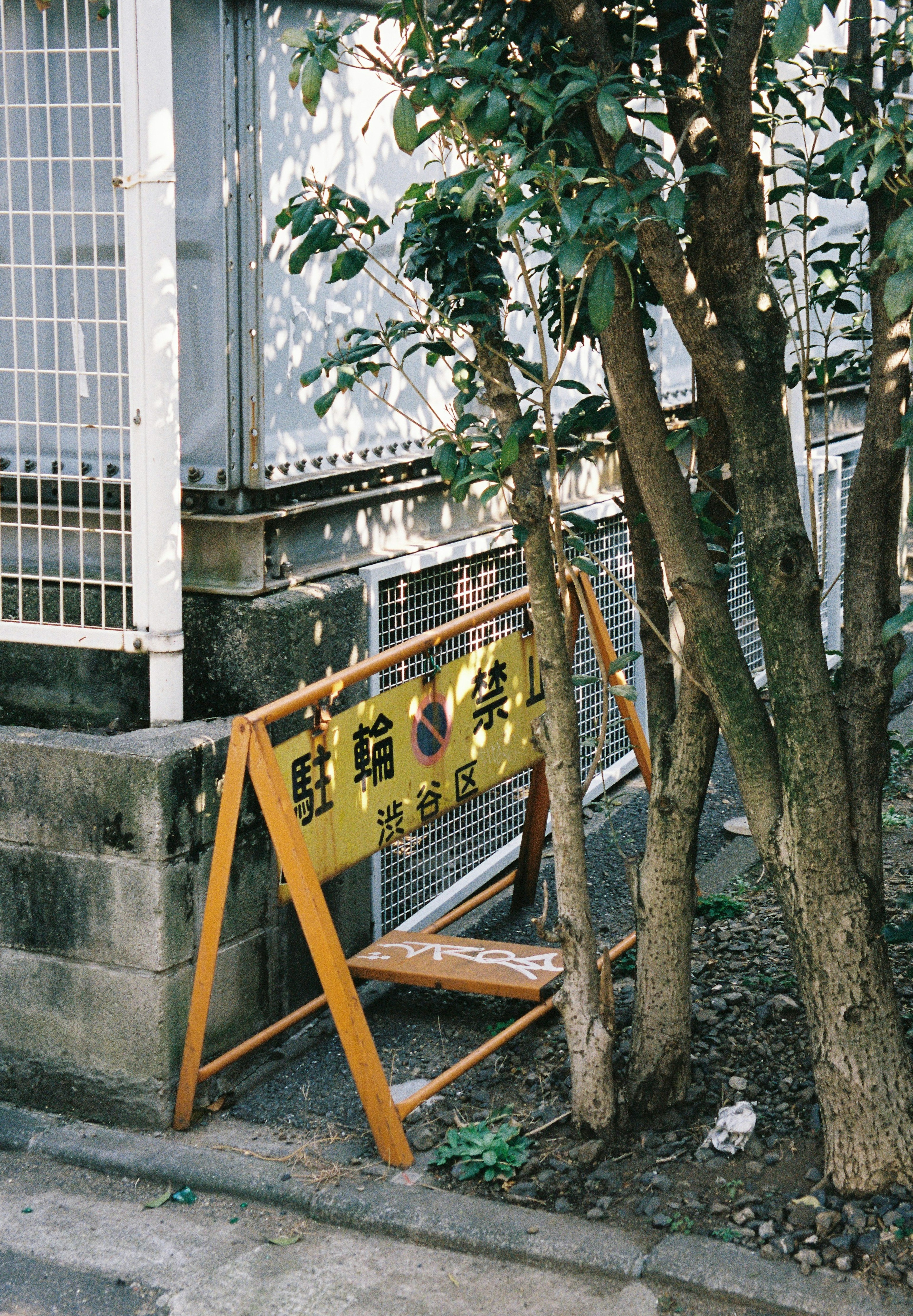 黄色い看板と緑の木がある狭い通りの風景