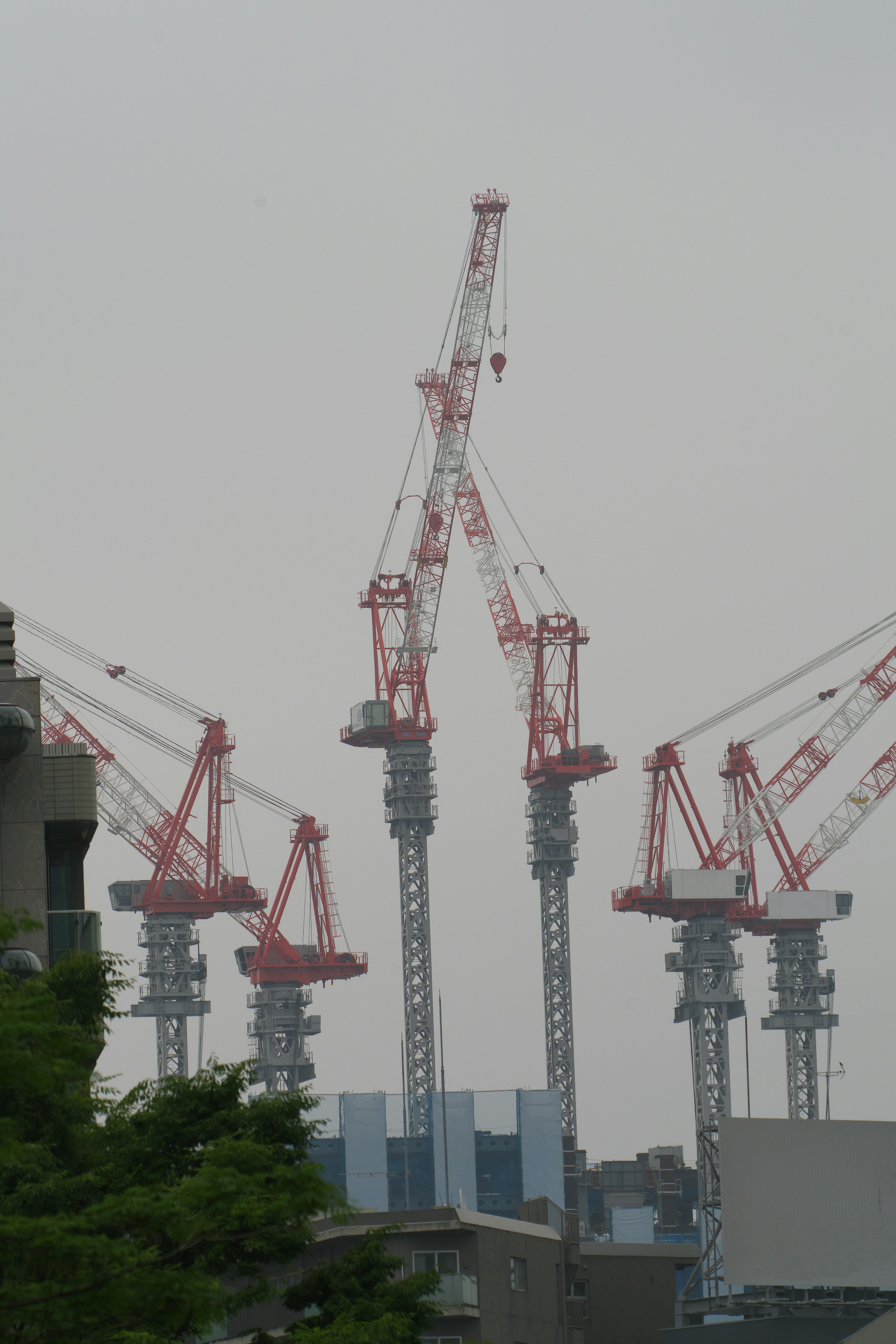 Sitio de construcción con varias grúas en una ciudad