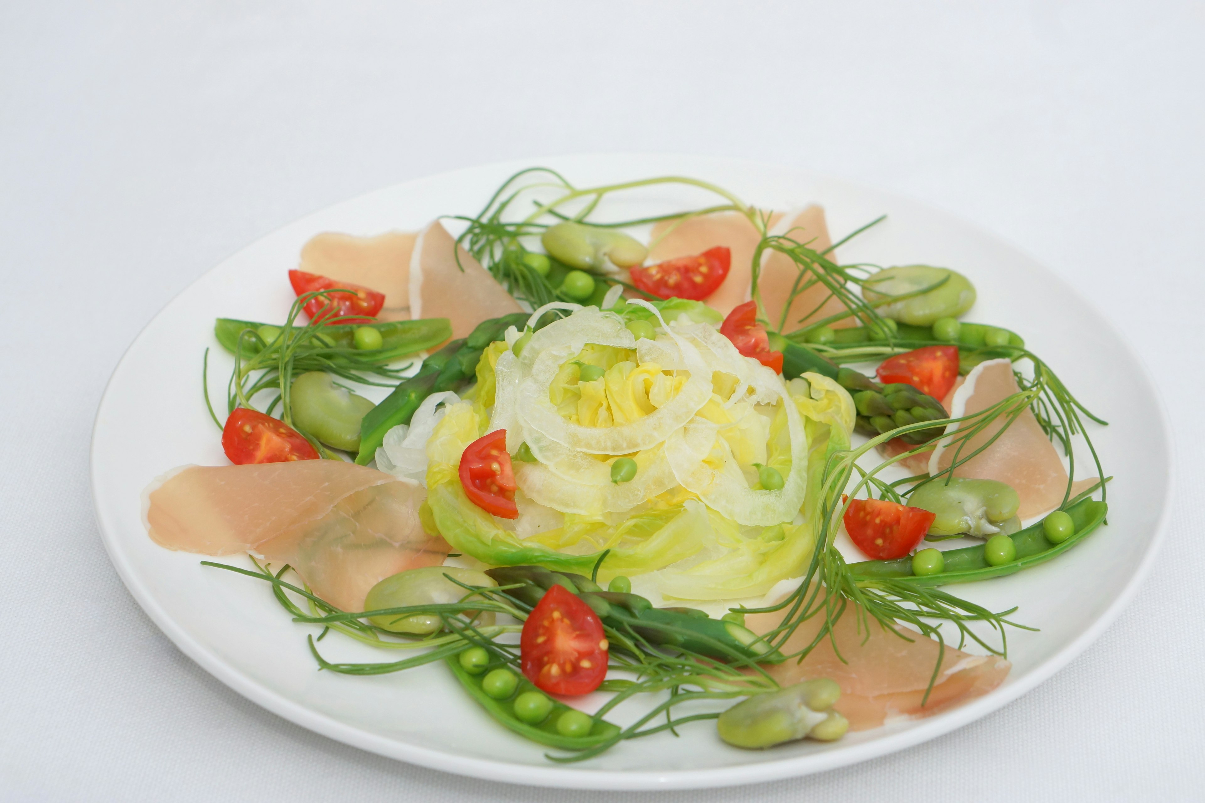 Verduras frescas y tomates dispuestos artísticamente en un plato de ensalada