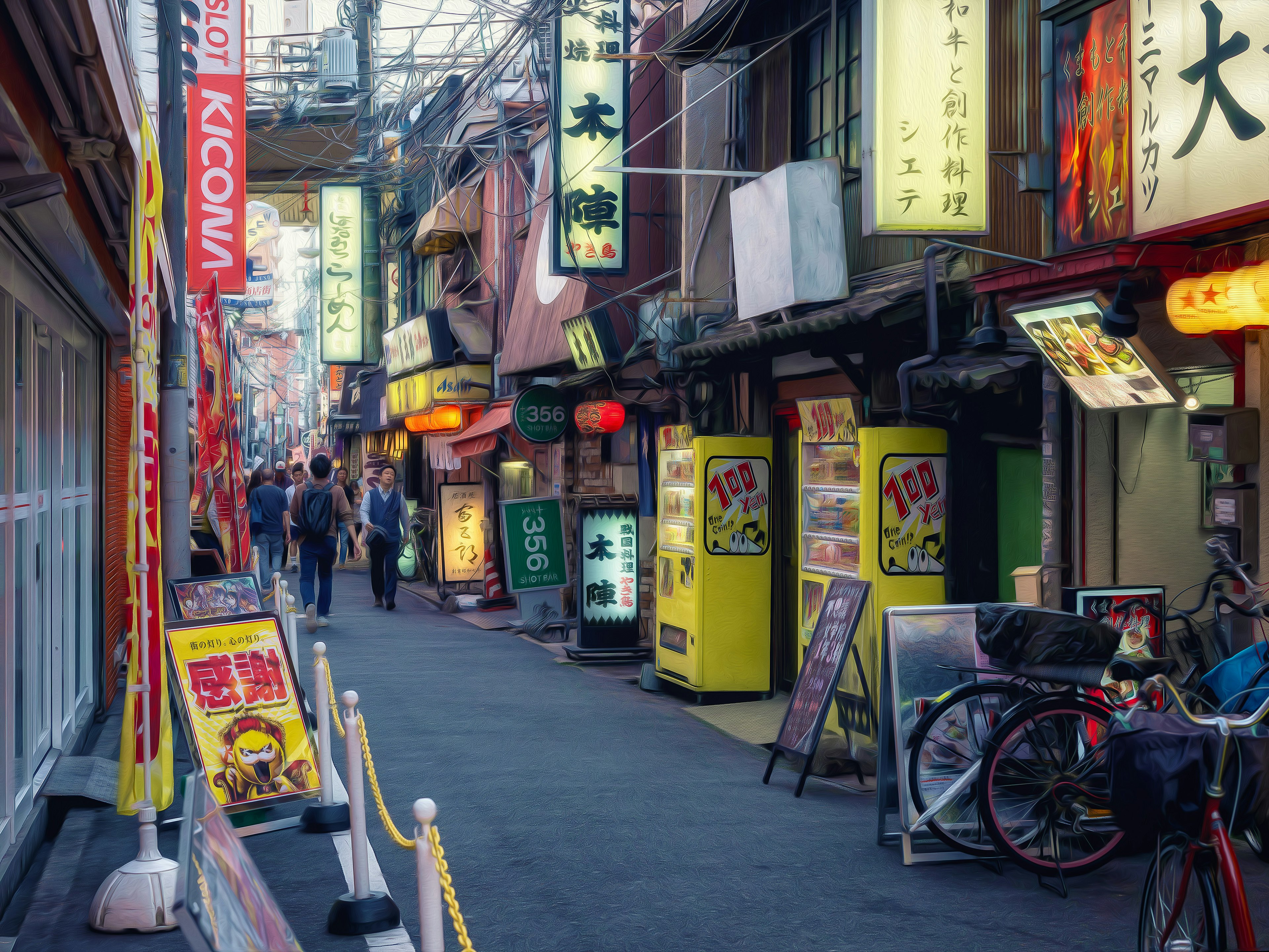 賑やかな日本の裏通りの風景 照明の看板や飲食店が並ぶ