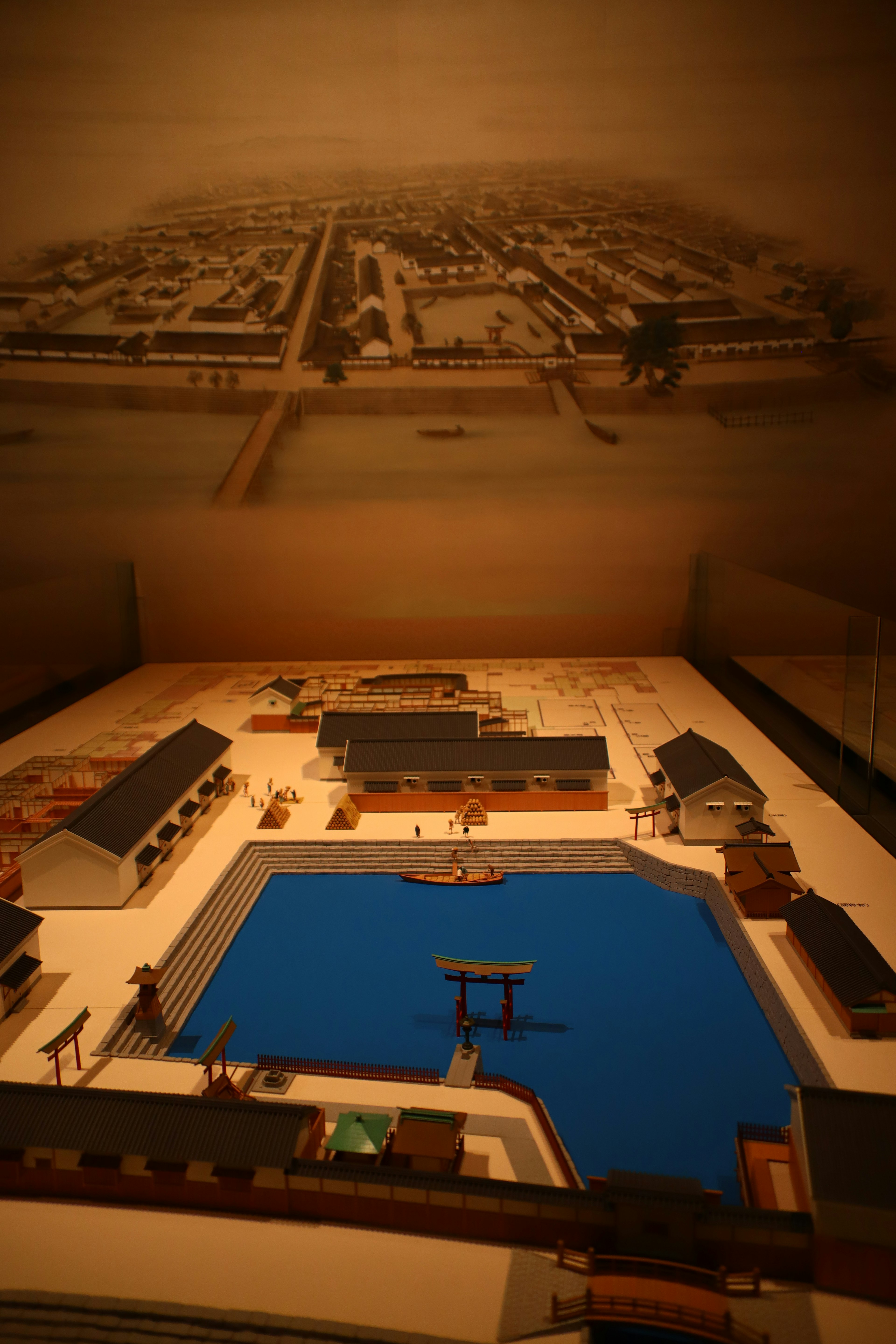 Model showing a blue water area with detailed buildings