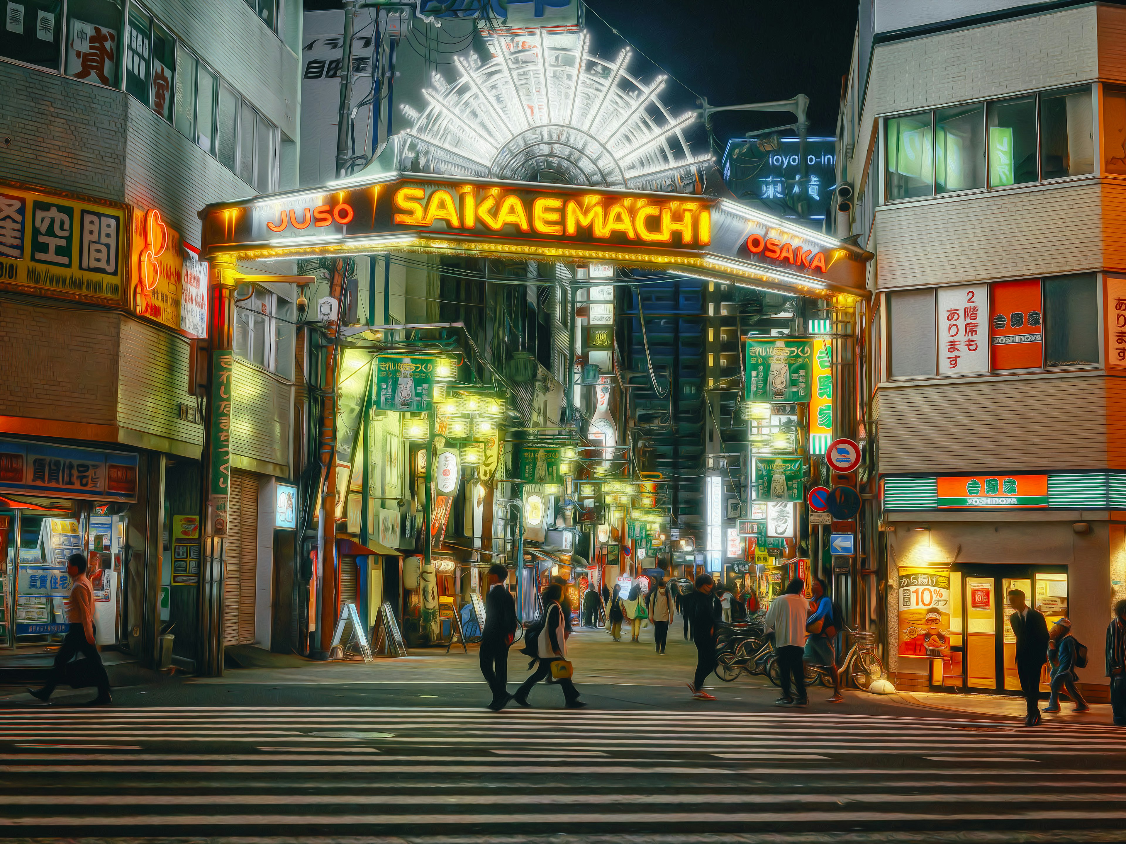 Escena nocturna de Sakaemachi con un arco vibrante y peatones