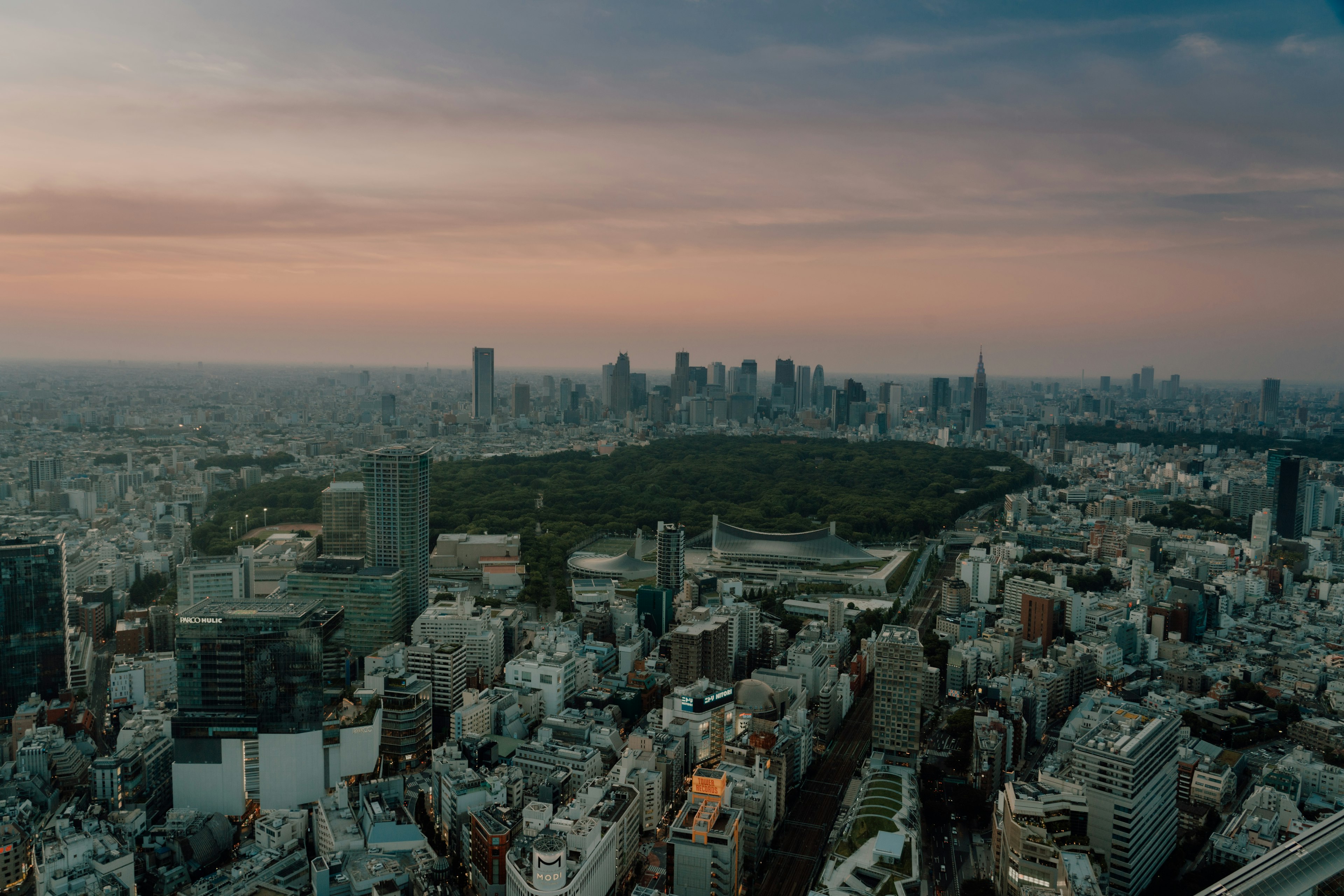 Vista panorámica de Tokio al atardecer mostrando edificios de la ciudad y un parque central