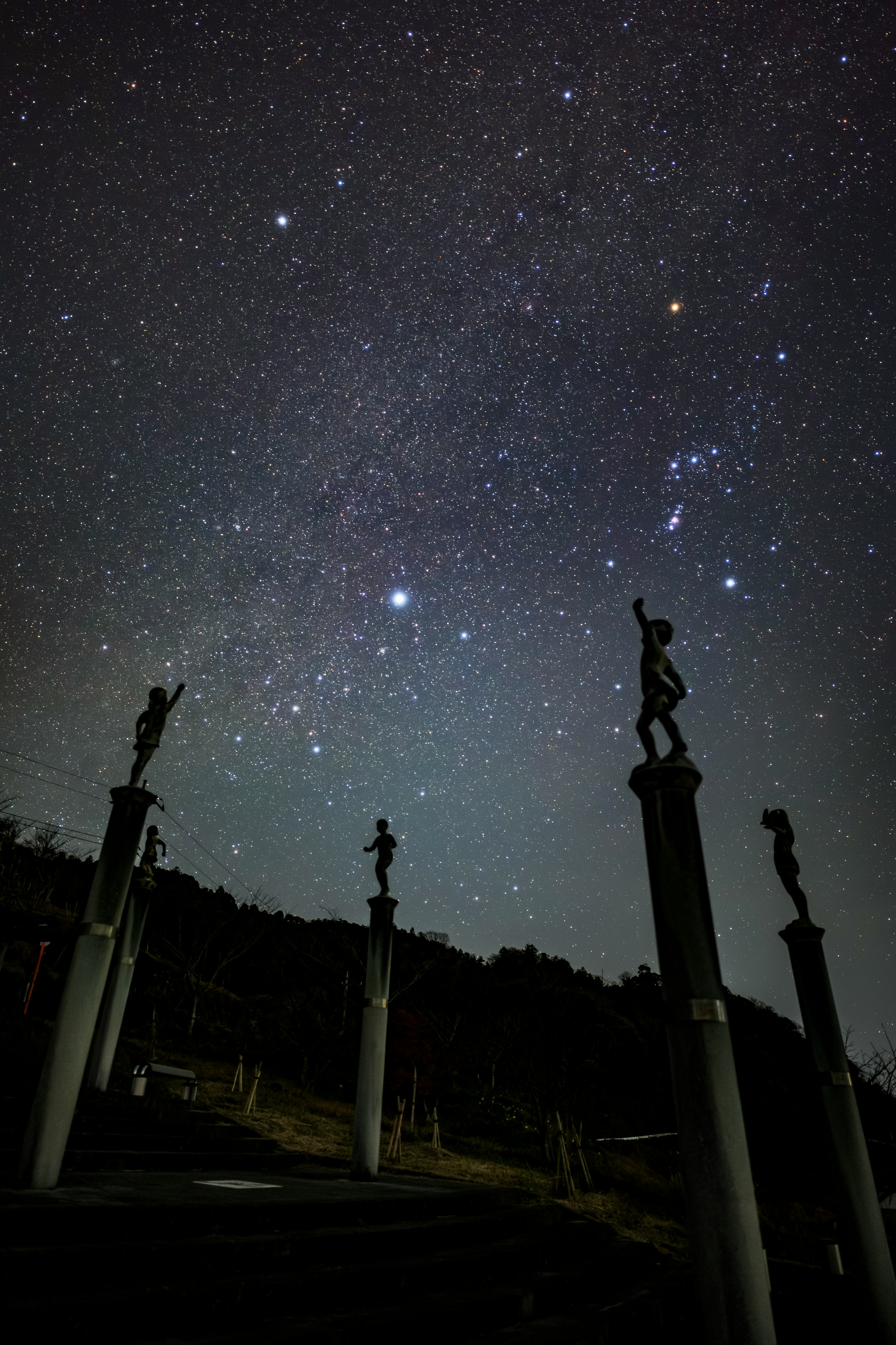 星空の下に立つ彫刻たちのシルエット