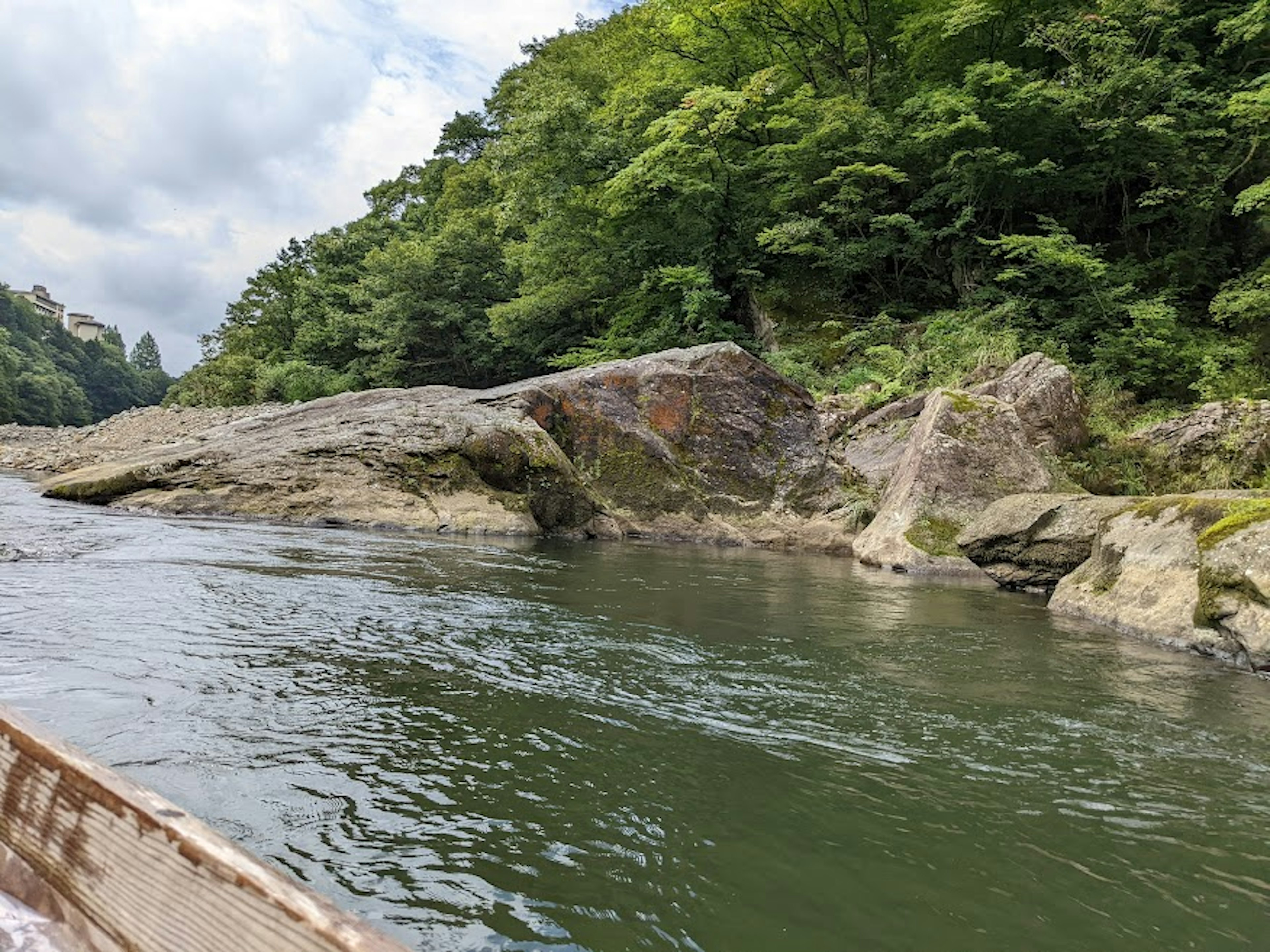 Calm river flowing with lush green banks and rocks