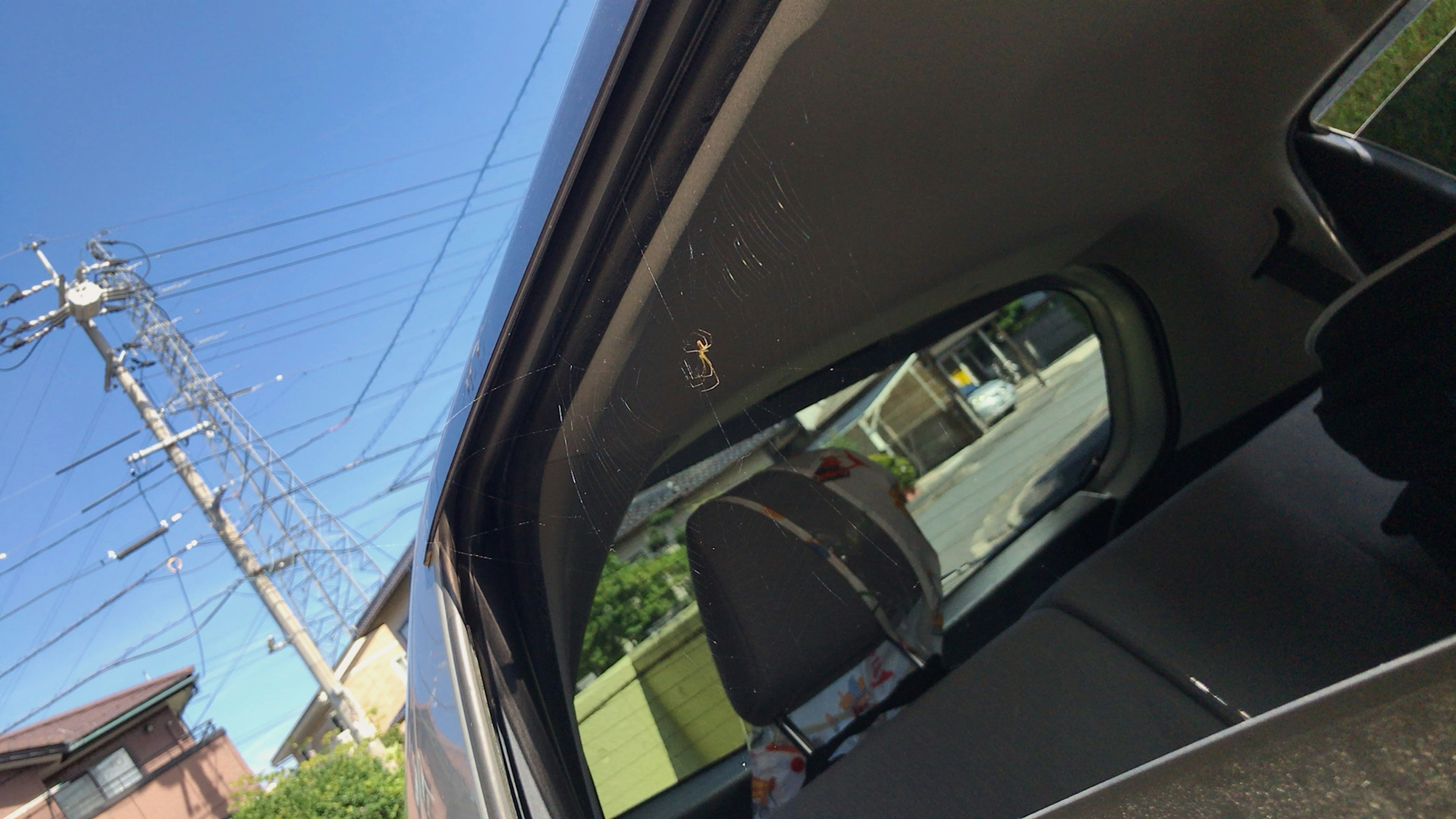 View of blue sky and power lines through a car window