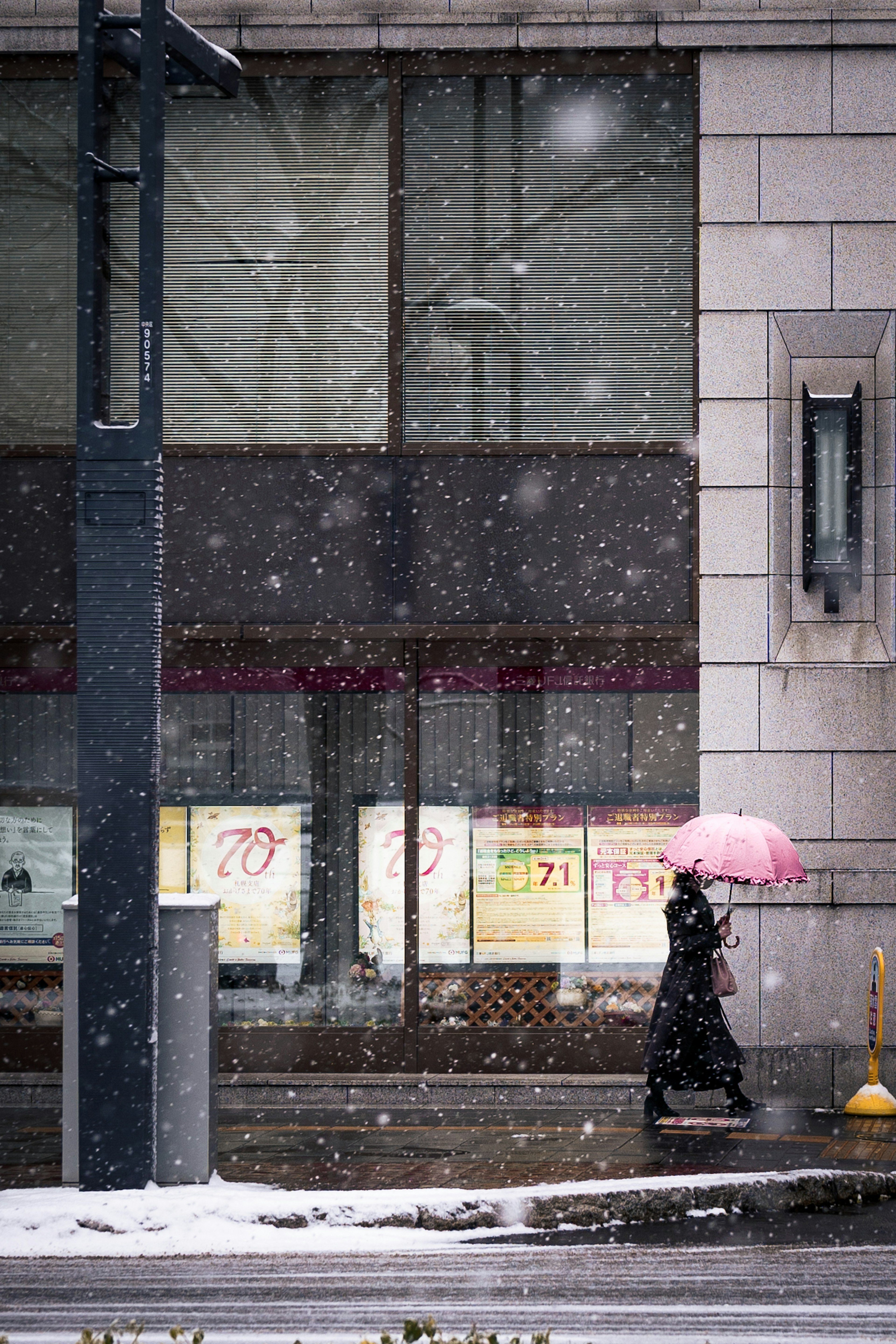 雪の中をピンクの傘をさして歩く人