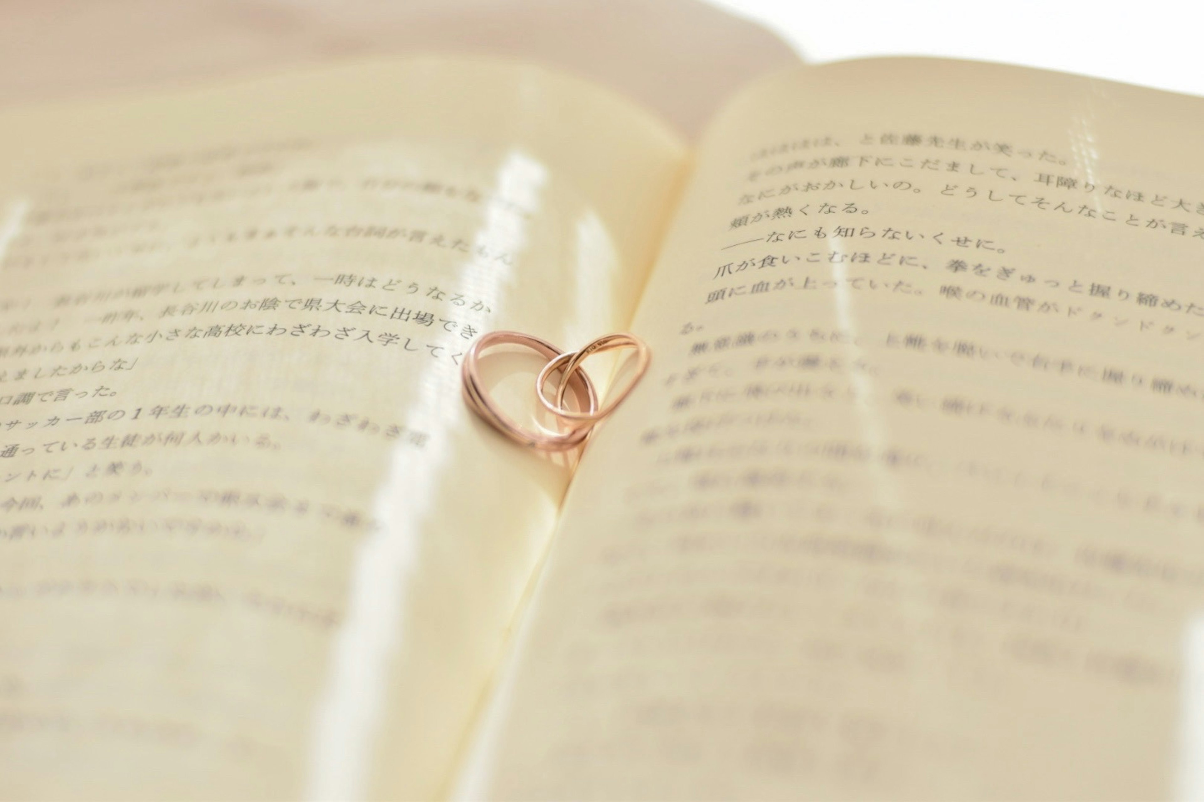 Anillos de boda en forma de corazón sobre páginas de libro abiertas