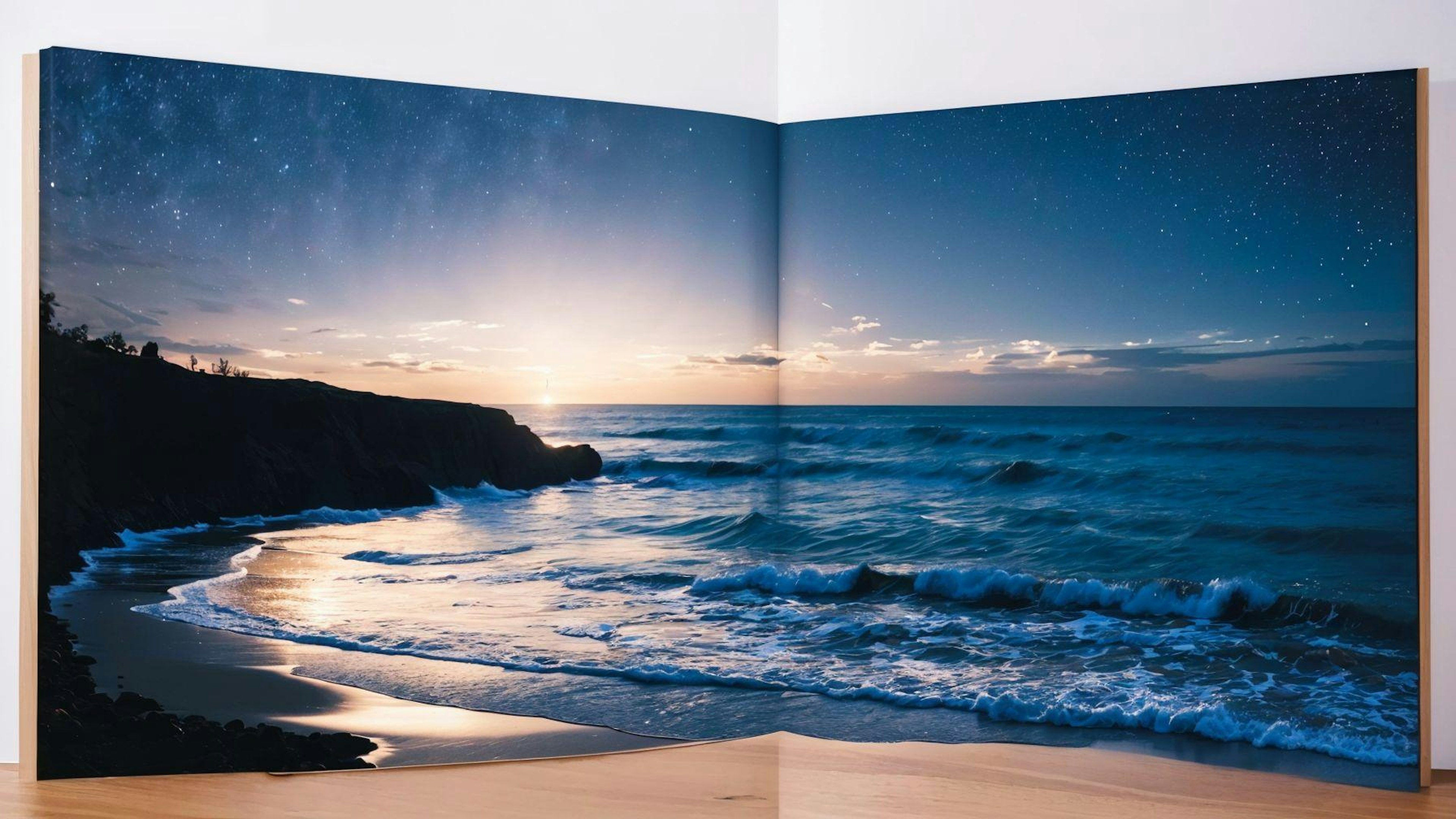 Hermosa escena de atardecer costero con olas y cielo estrellado