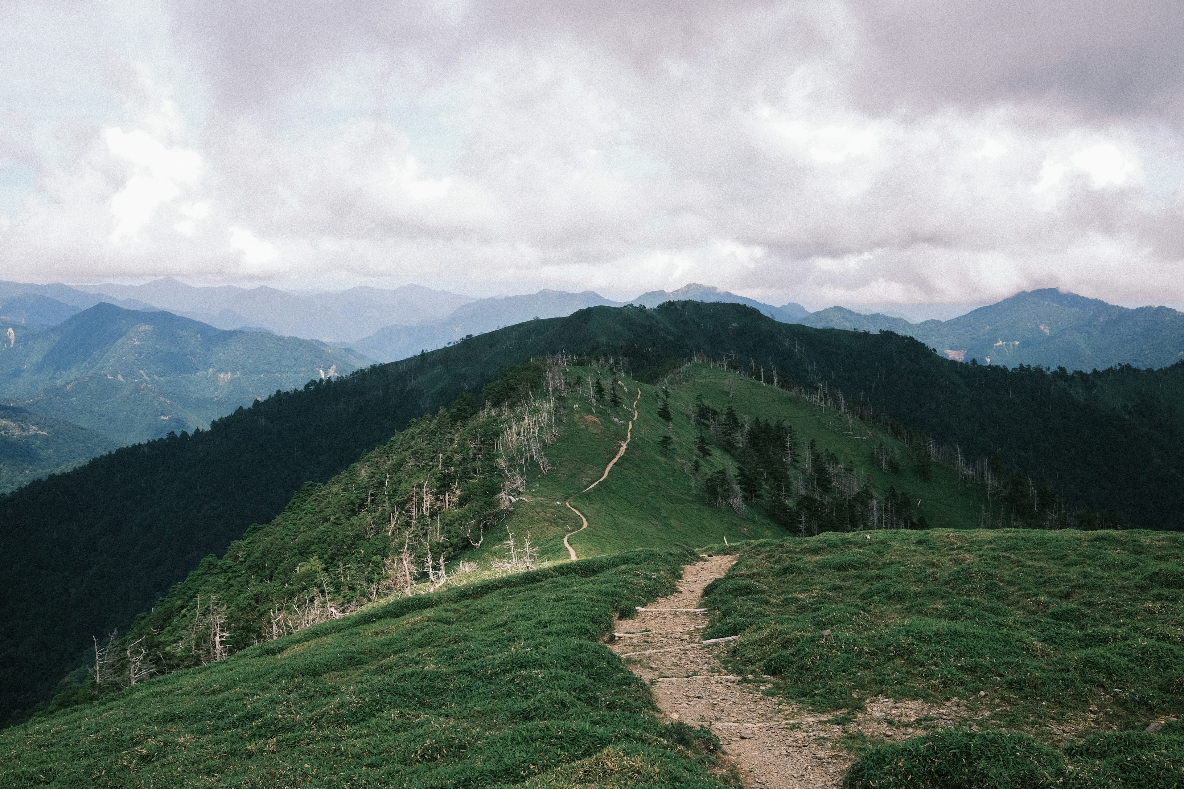 Landschaft mit grünen Bergen und bewölktem Himmel mit einem Pfad, der den Hang hinaufführt