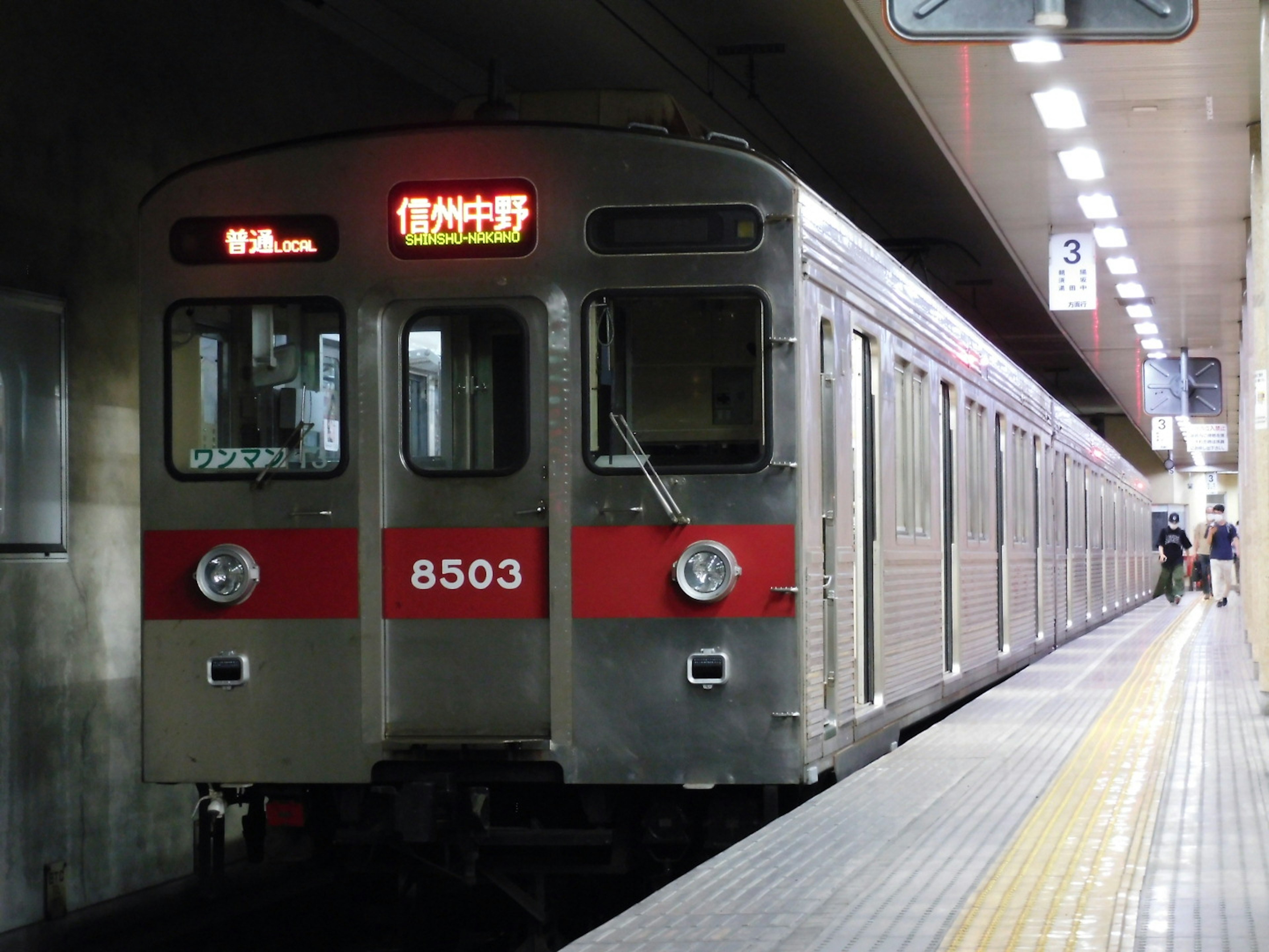 รถไฟสีเงินที่มีแถบแดงจอดอยู่ที่สถานี