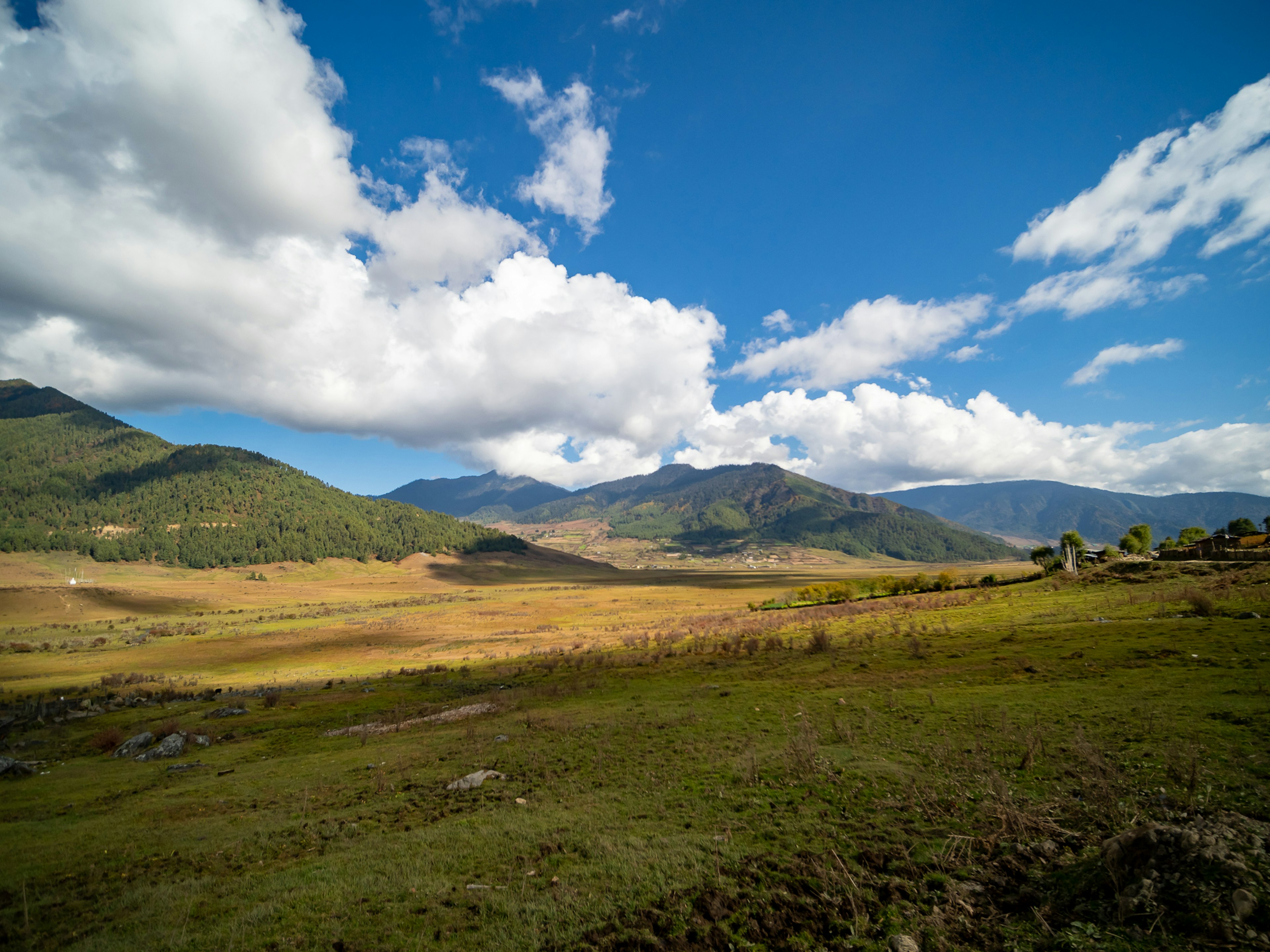 Berglandschaft mit blauem Himmel und weißen Wolken mit grünem Weideland und fernen Bergen