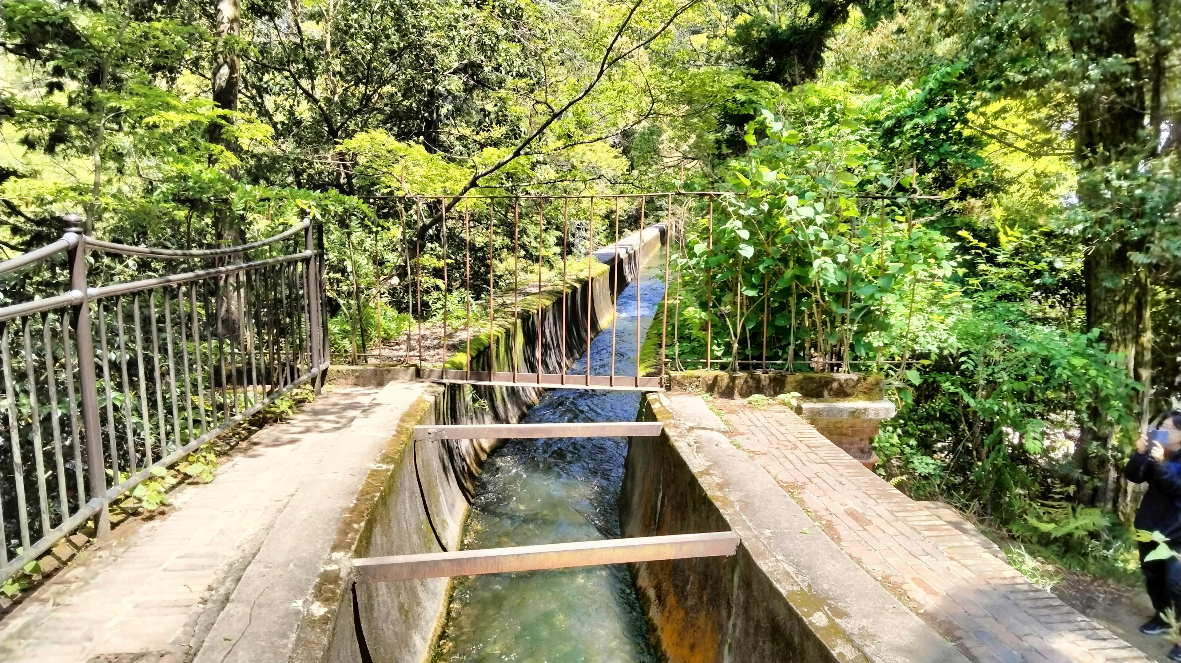 Ein Wasserlauf umgeben von Grün mit einer alten Betonbrücke