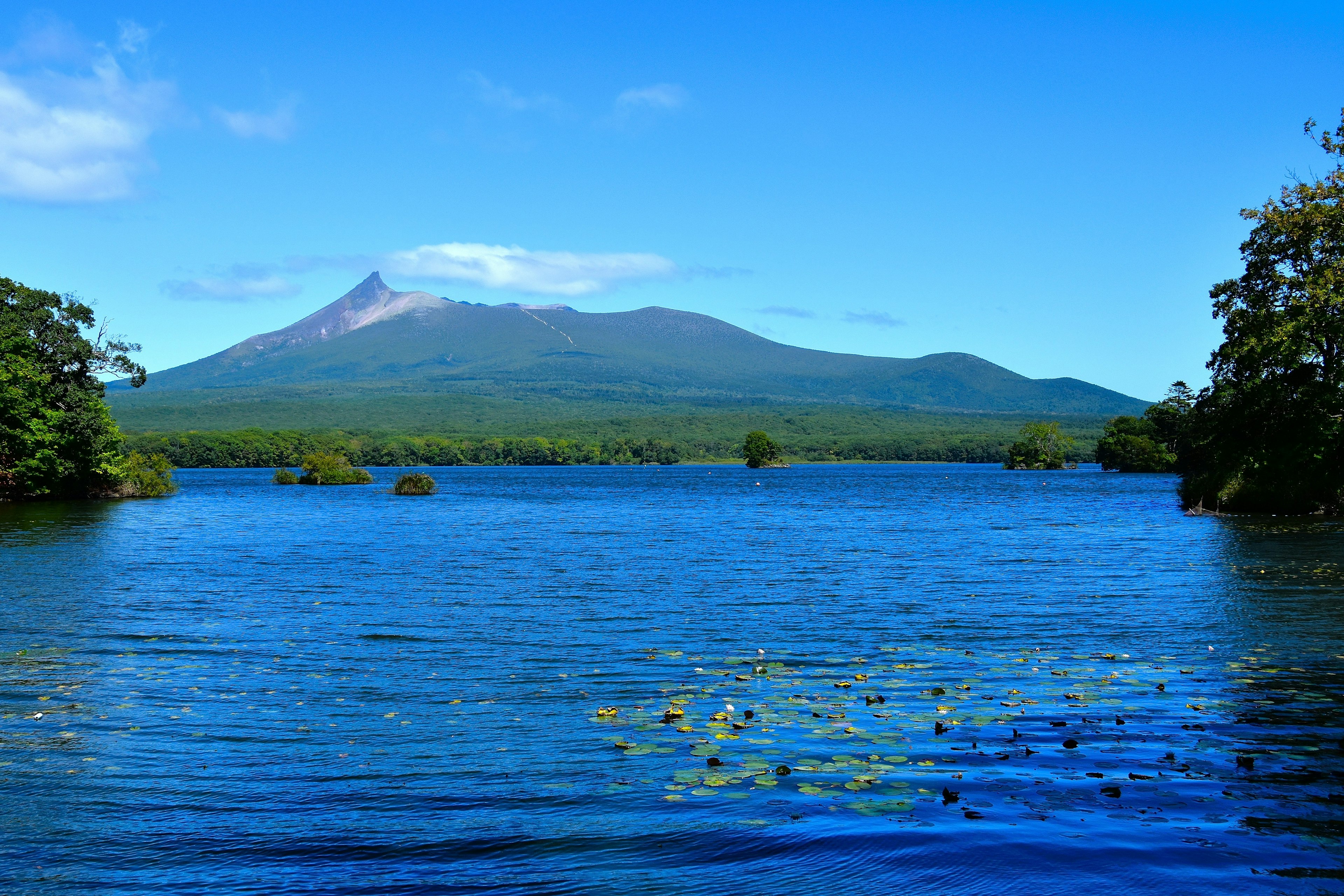 Ein malerischer blauer See mit grünen Bäumen und einem imposanten Vulkan im Hintergrund