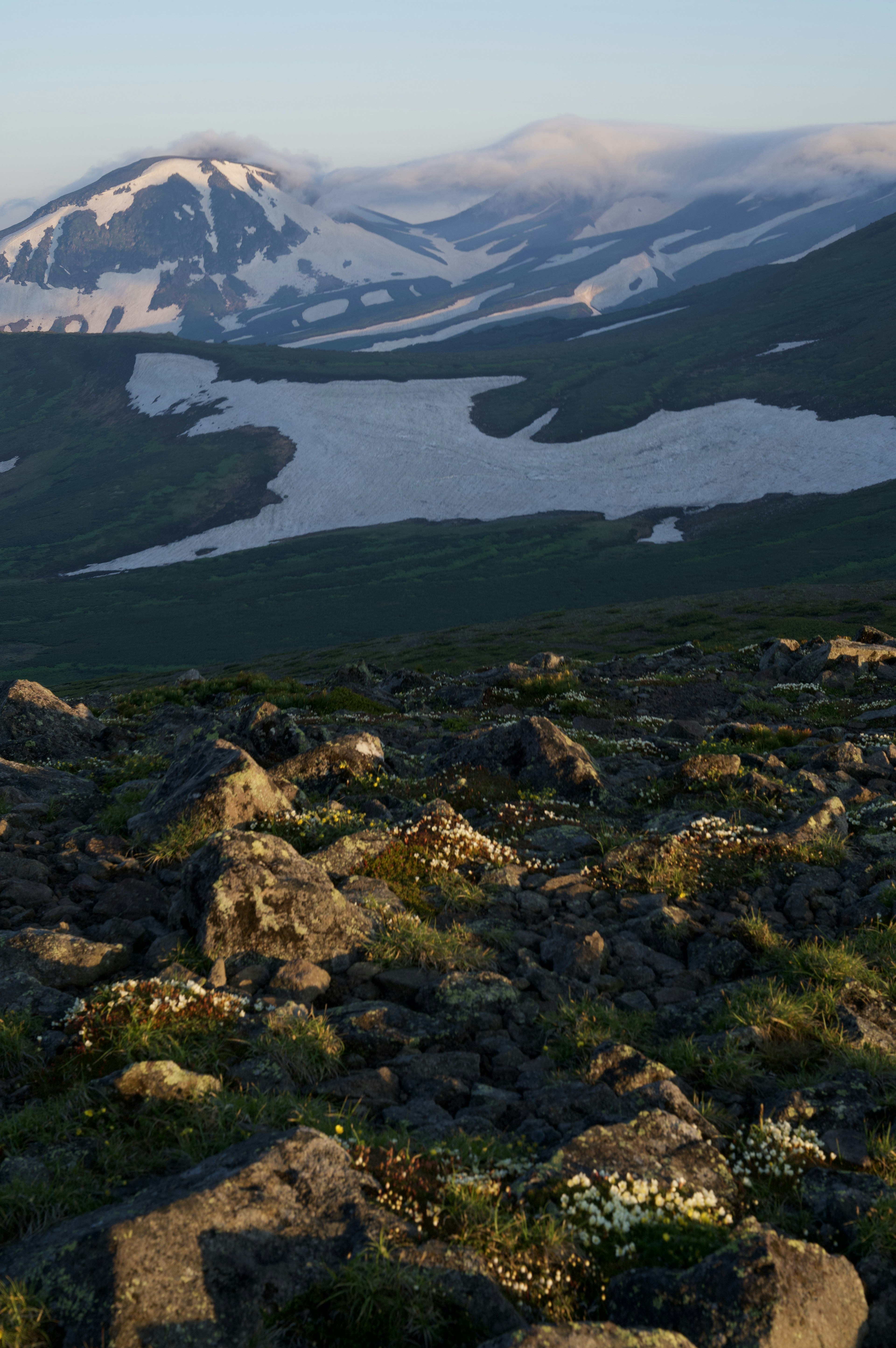 Mountain landscape with snow-capped peaks vibrant green and rocky terrain