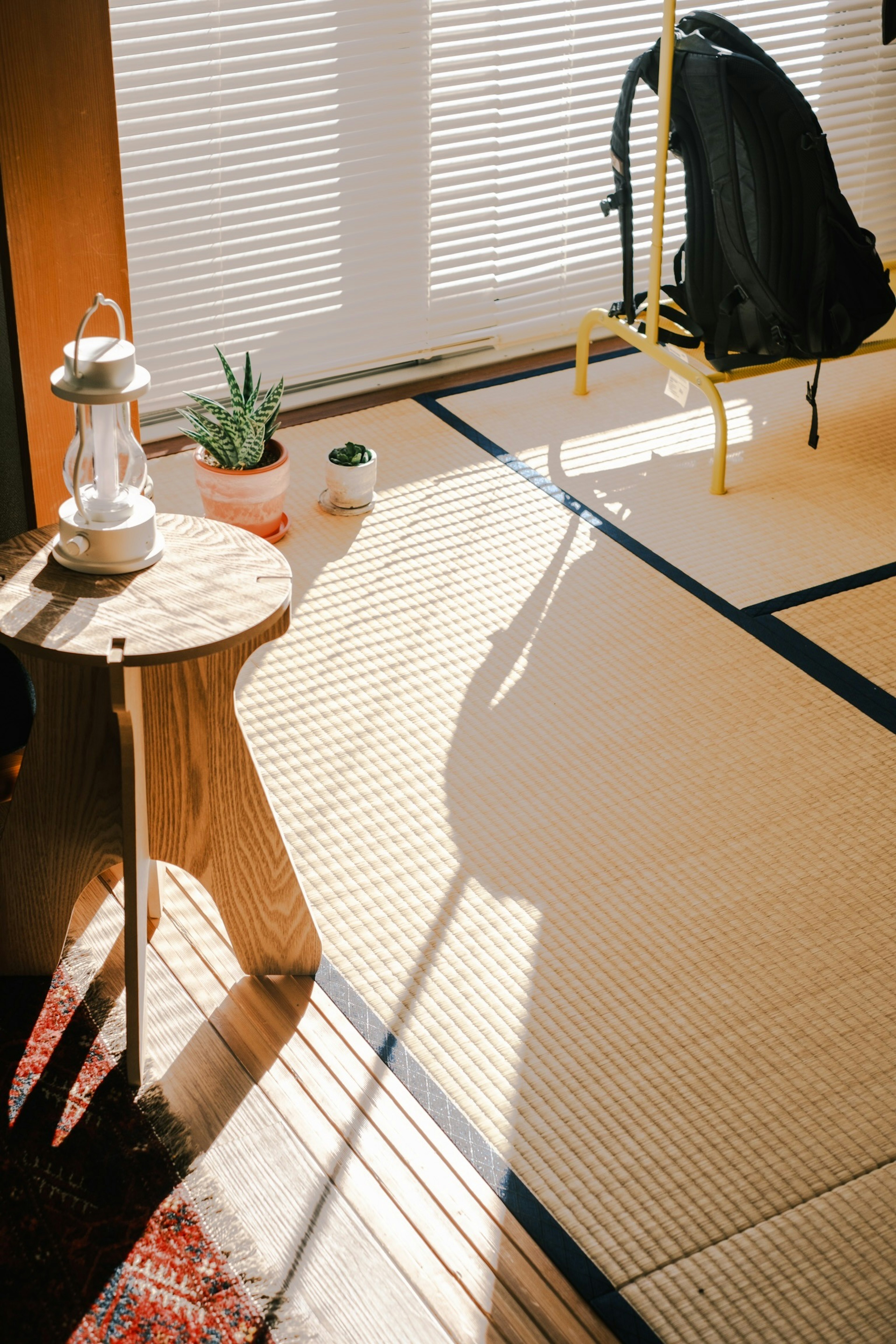 A serene room with tatami flooring featuring a lantern table and a plant casting shadows