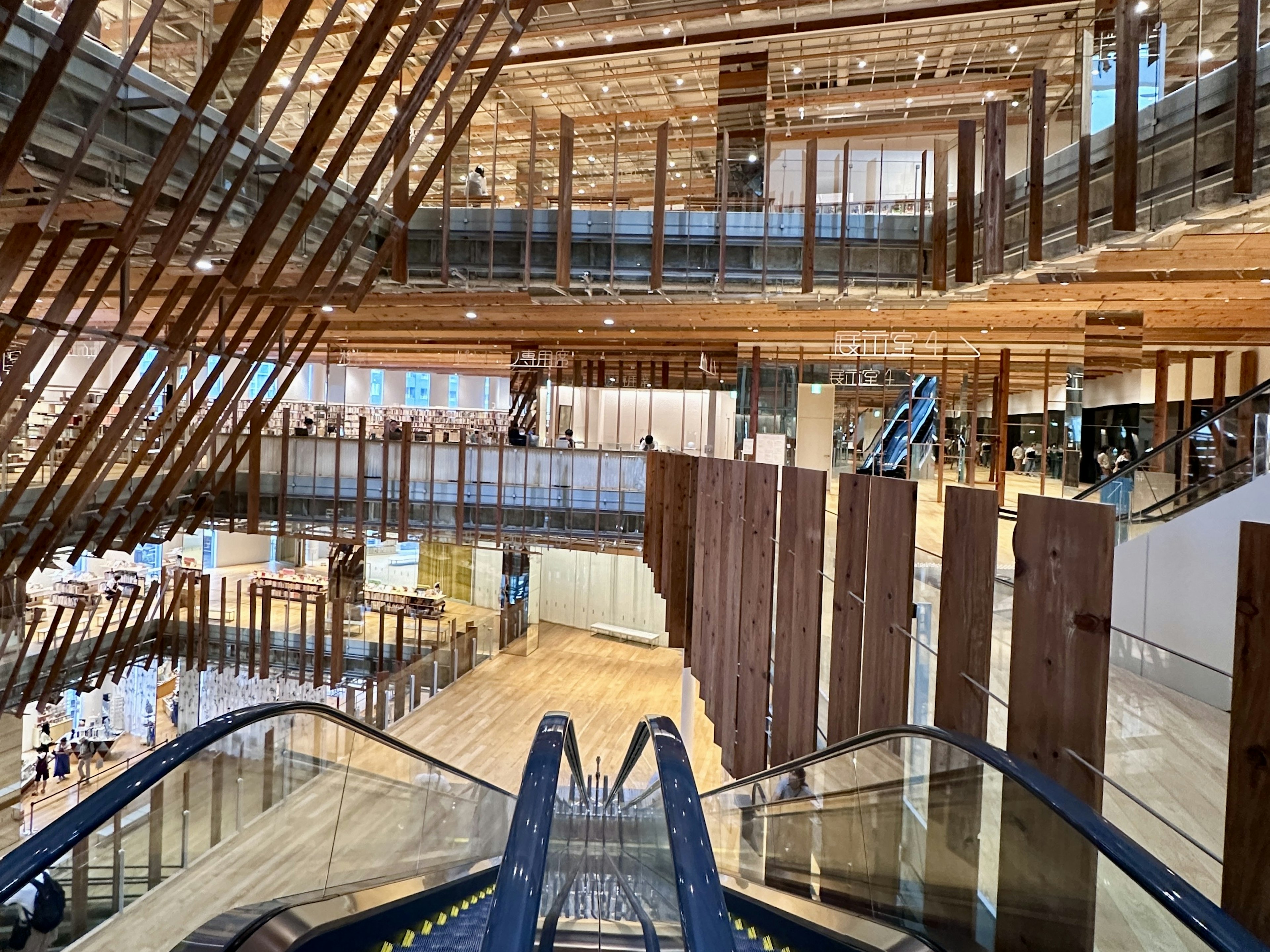 Modern architectural interior with wooden and glass structure large open space visible escalators