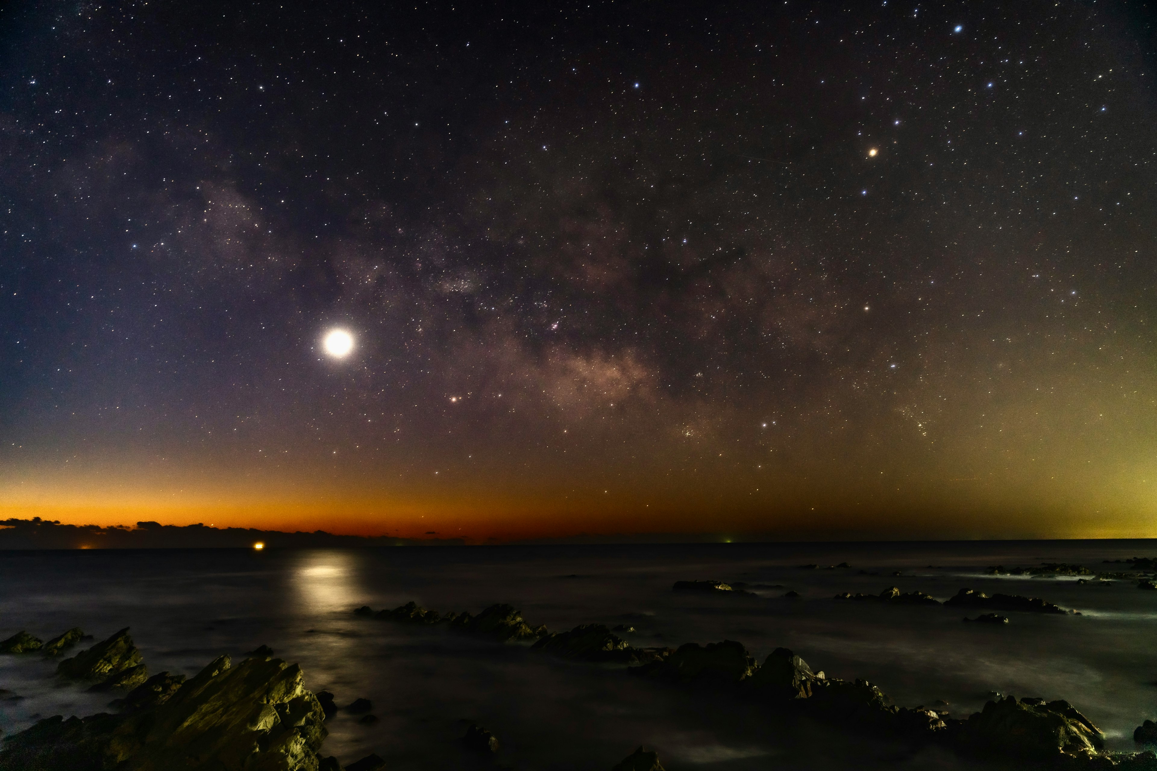 Paesaggio marino con cielo stellato e Via Lattea