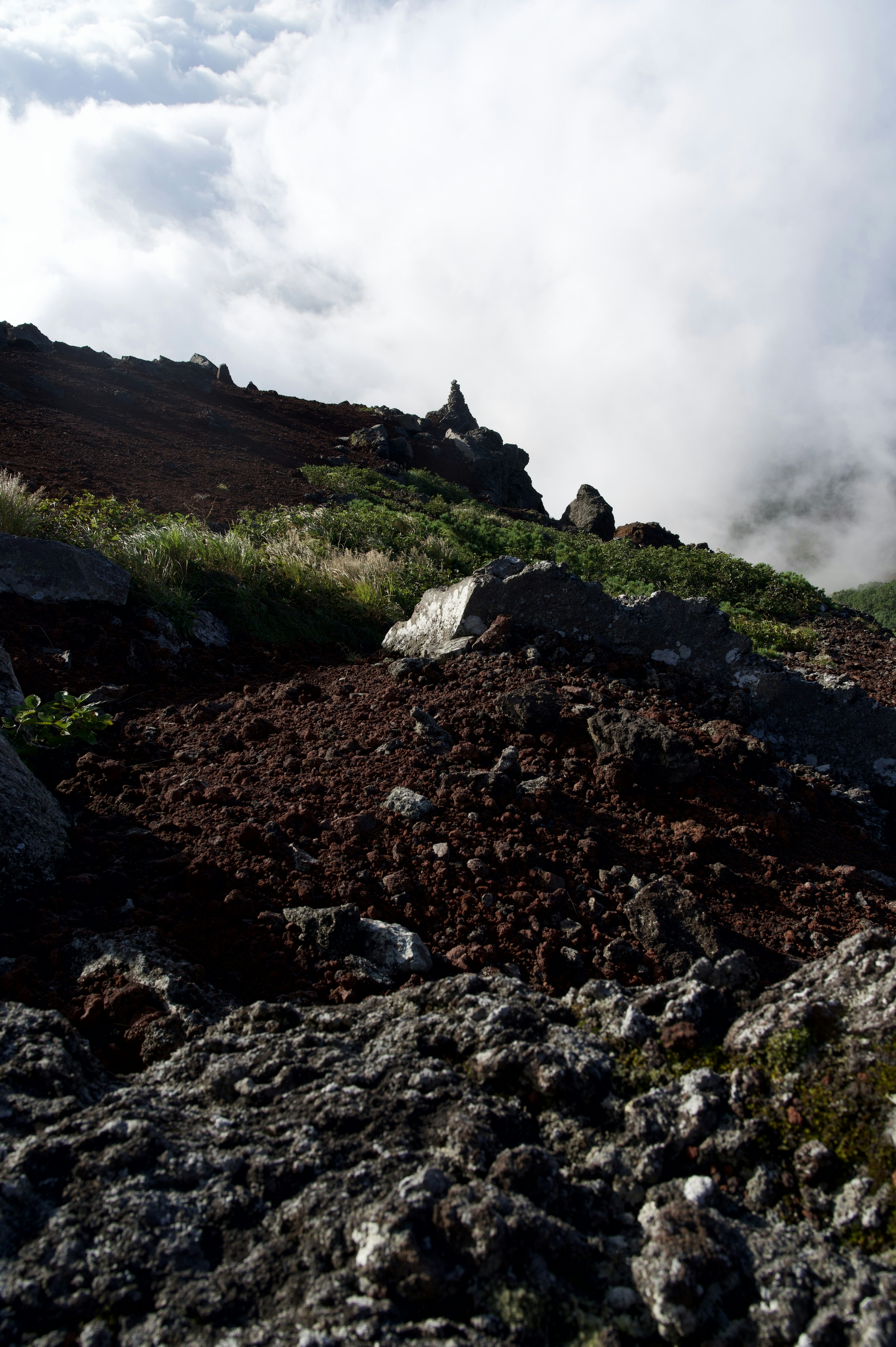 山の斜面の岩と草原が見える風景の写真