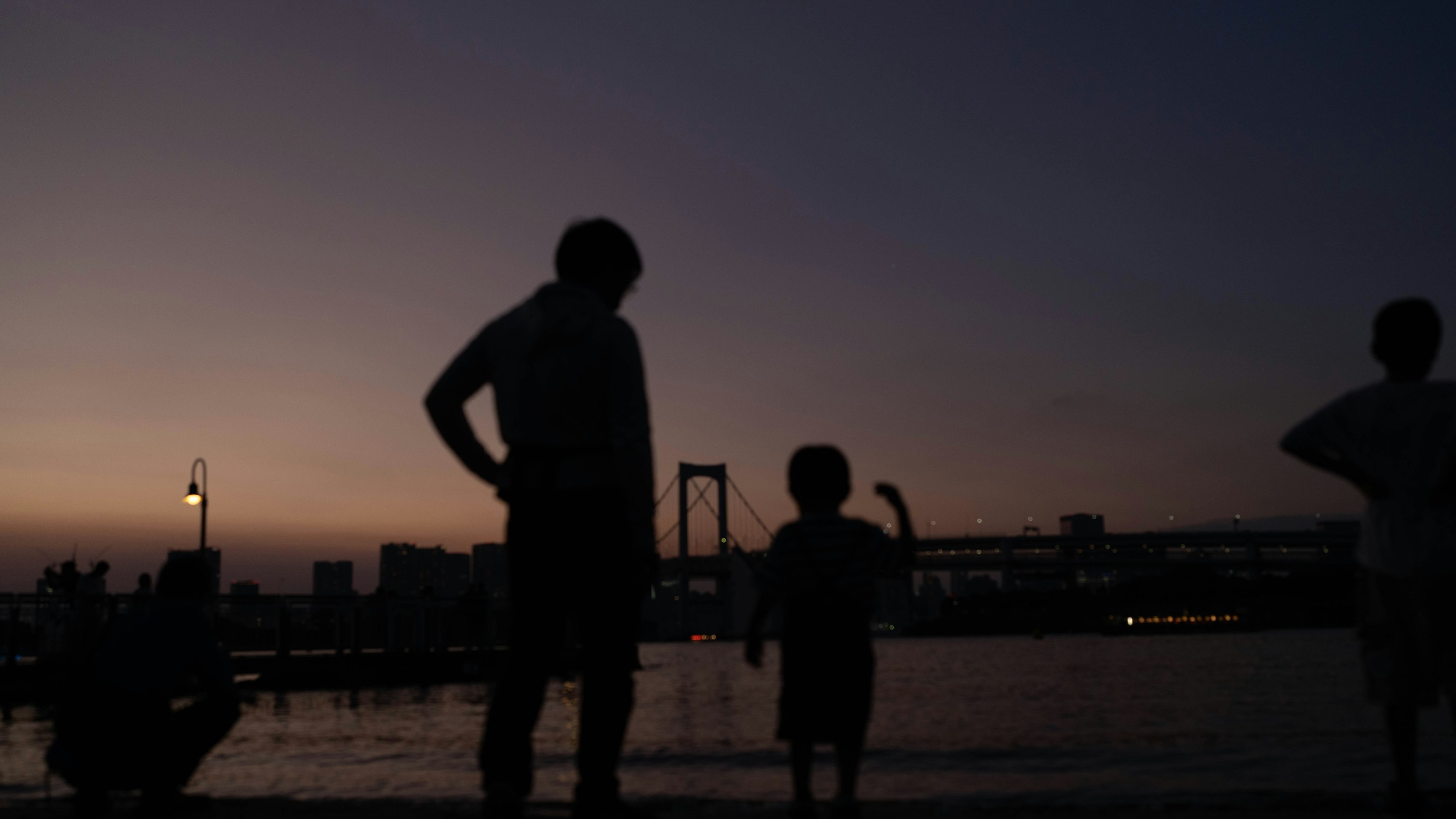 Silhouette d'un parent et d'un enfant se tenant au bord de la mer au crépuscule