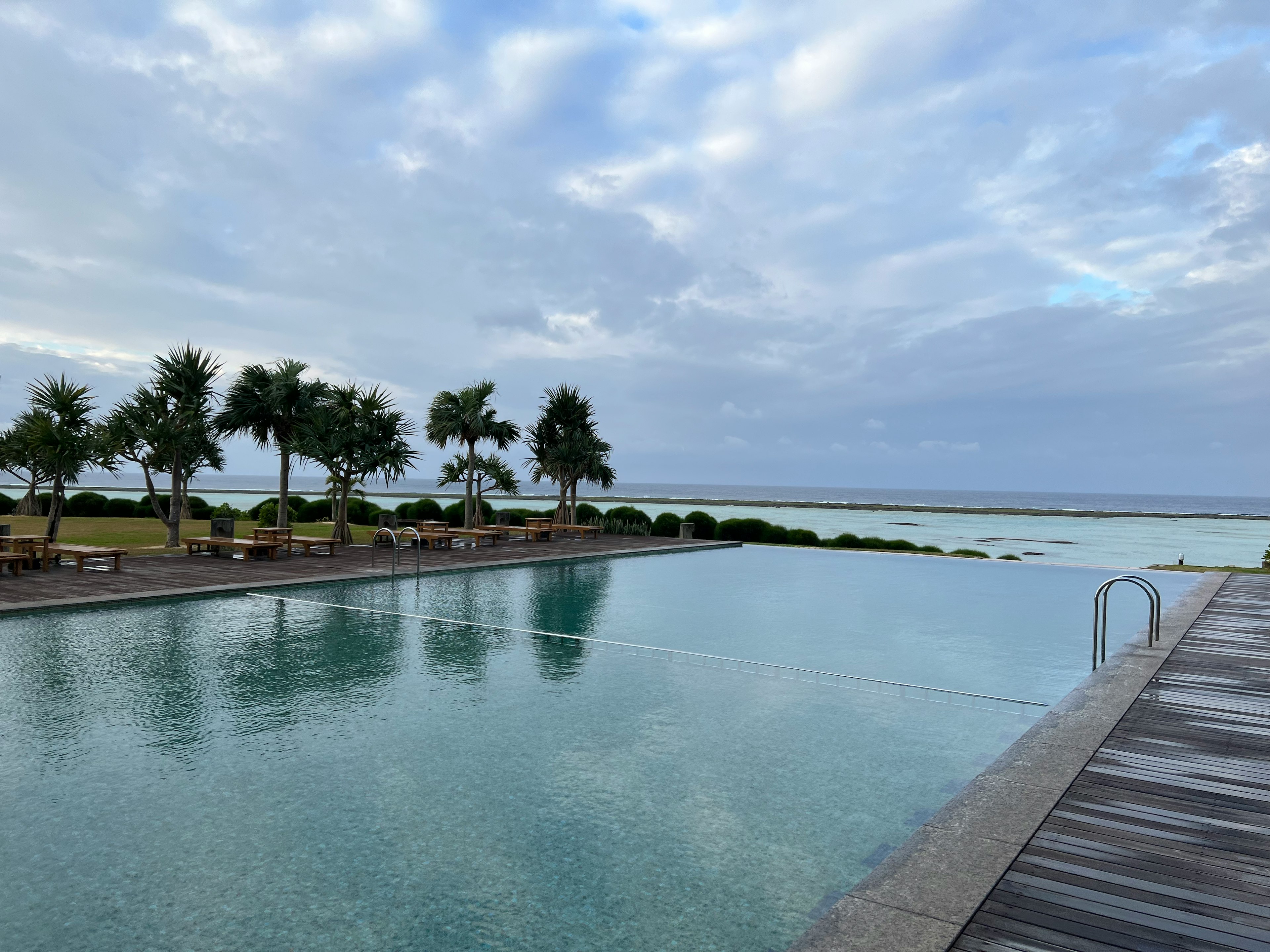 Infinity-Pool mit Palmen vor blauem Himmel und Ozean