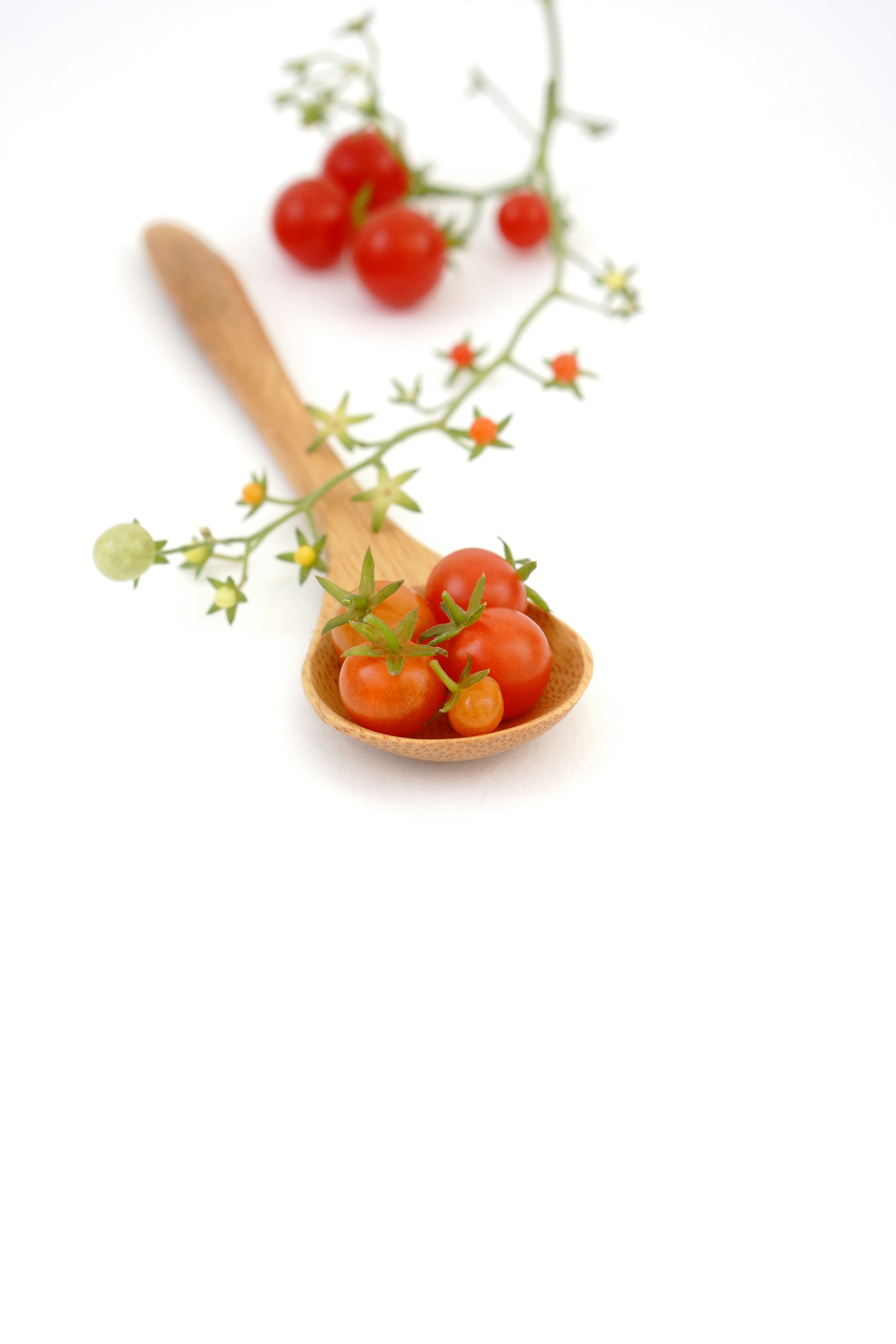 A small wooden spoon filled with red cherry tomatoes and green sprigs