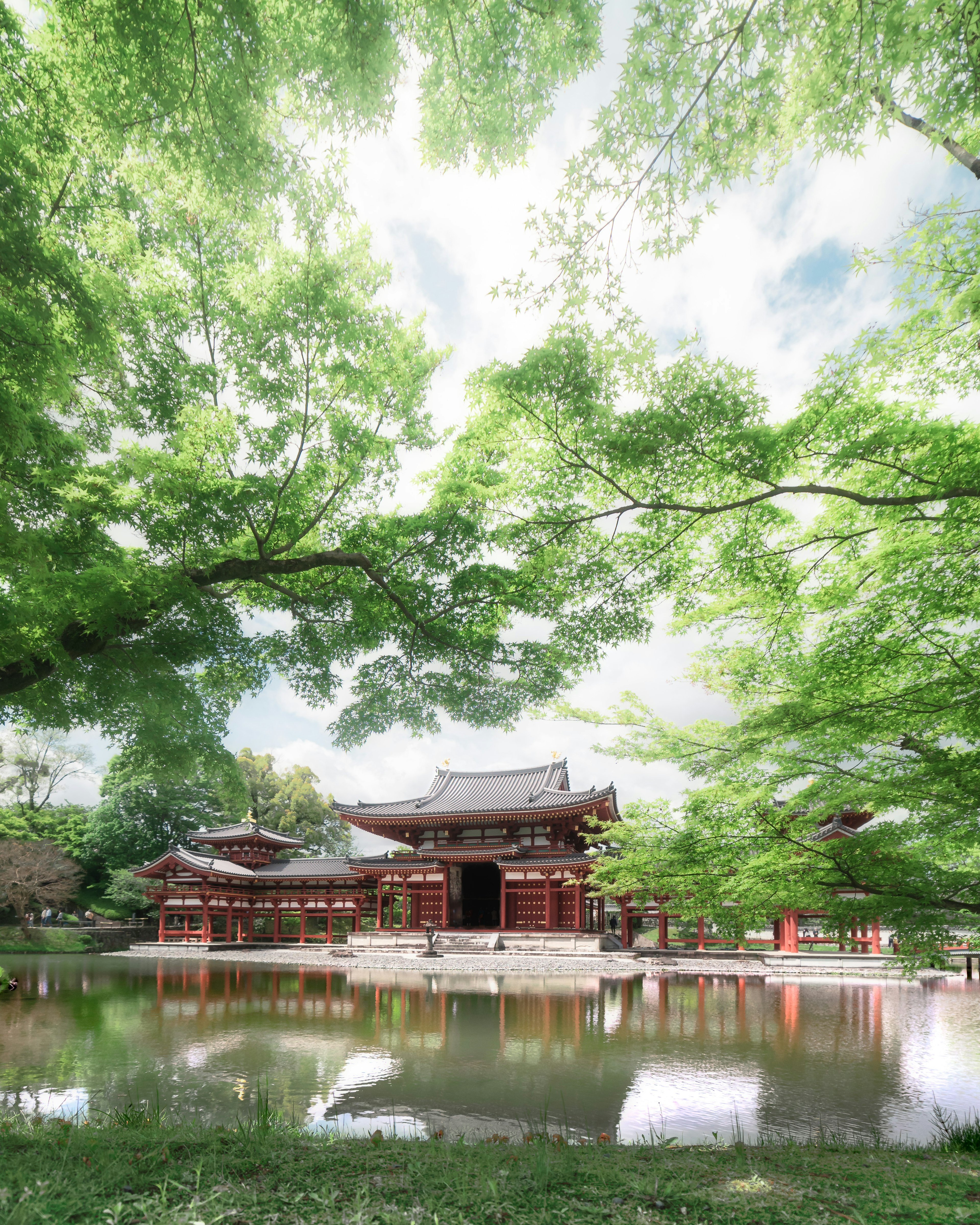 Bâtiment traditionnel japonais entouré d'arbres verts luxuriants et d'un étang serein