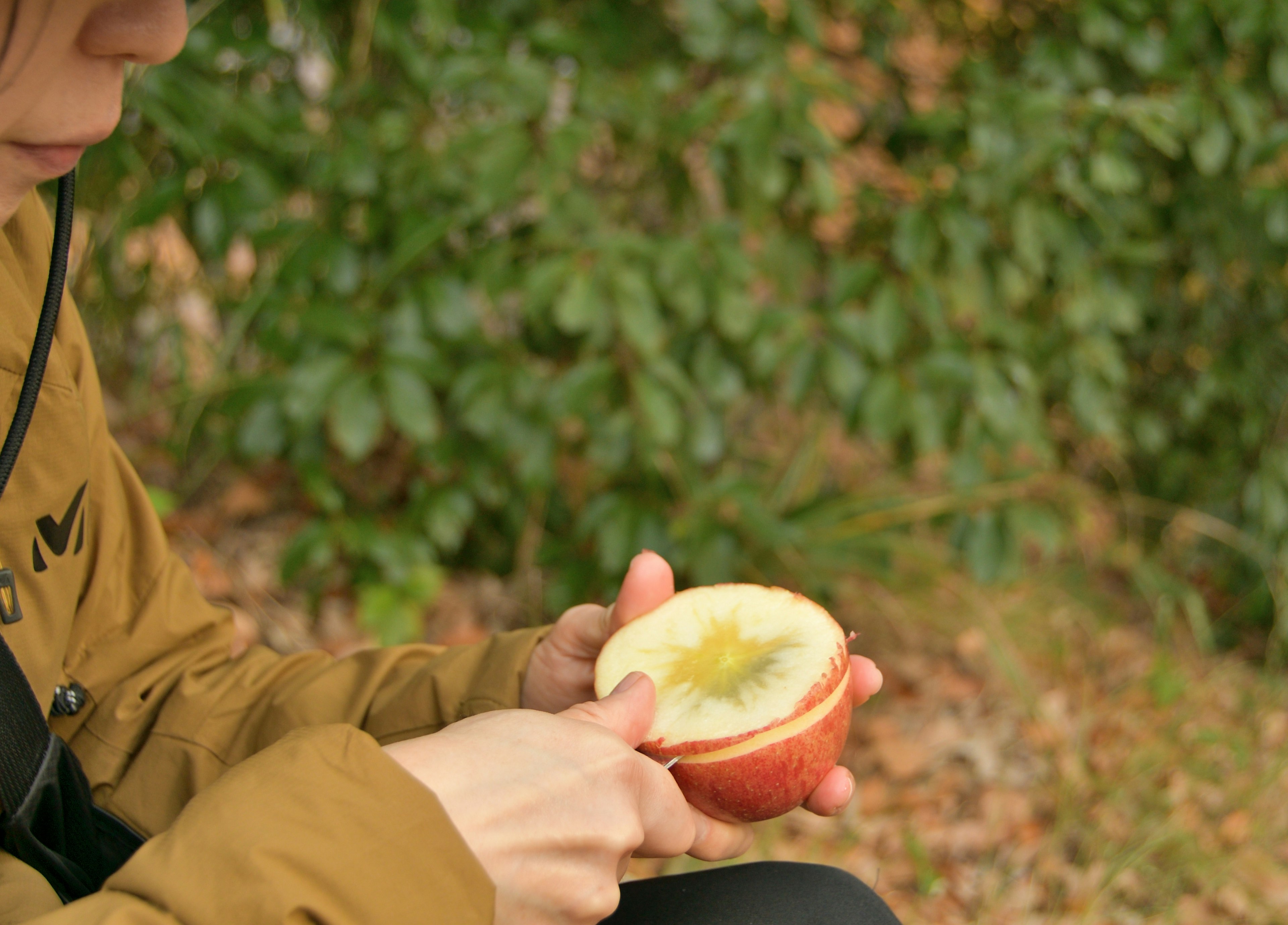 Una donna che sbuccia una mela in un ambiente naturale con vegetazione sullo sfondo