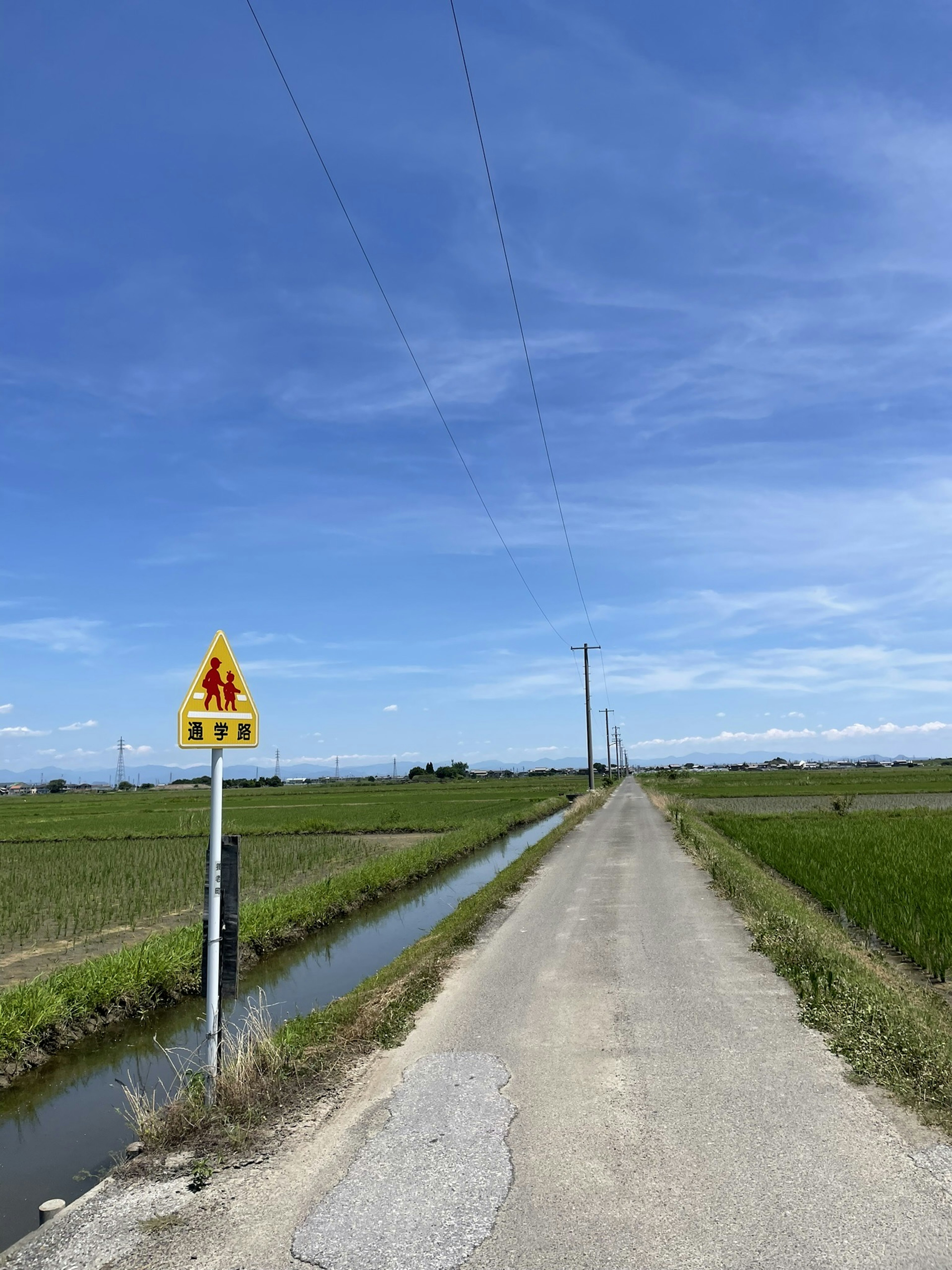 Camino rural de tierra junto a campos de arroz bajo un cielo azul con una señal de advertencia