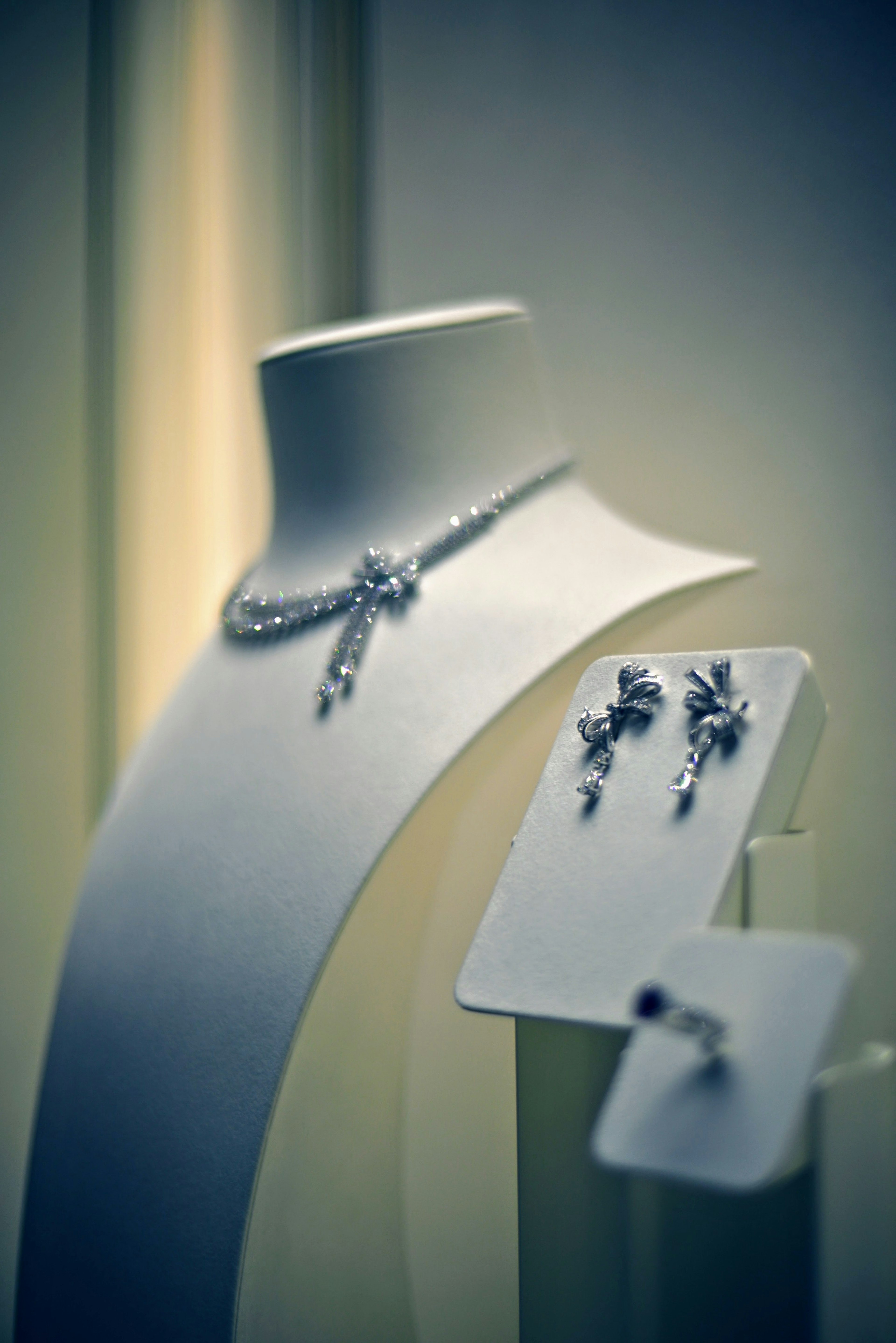 Display of a necklace and earrings on a jewelry stand