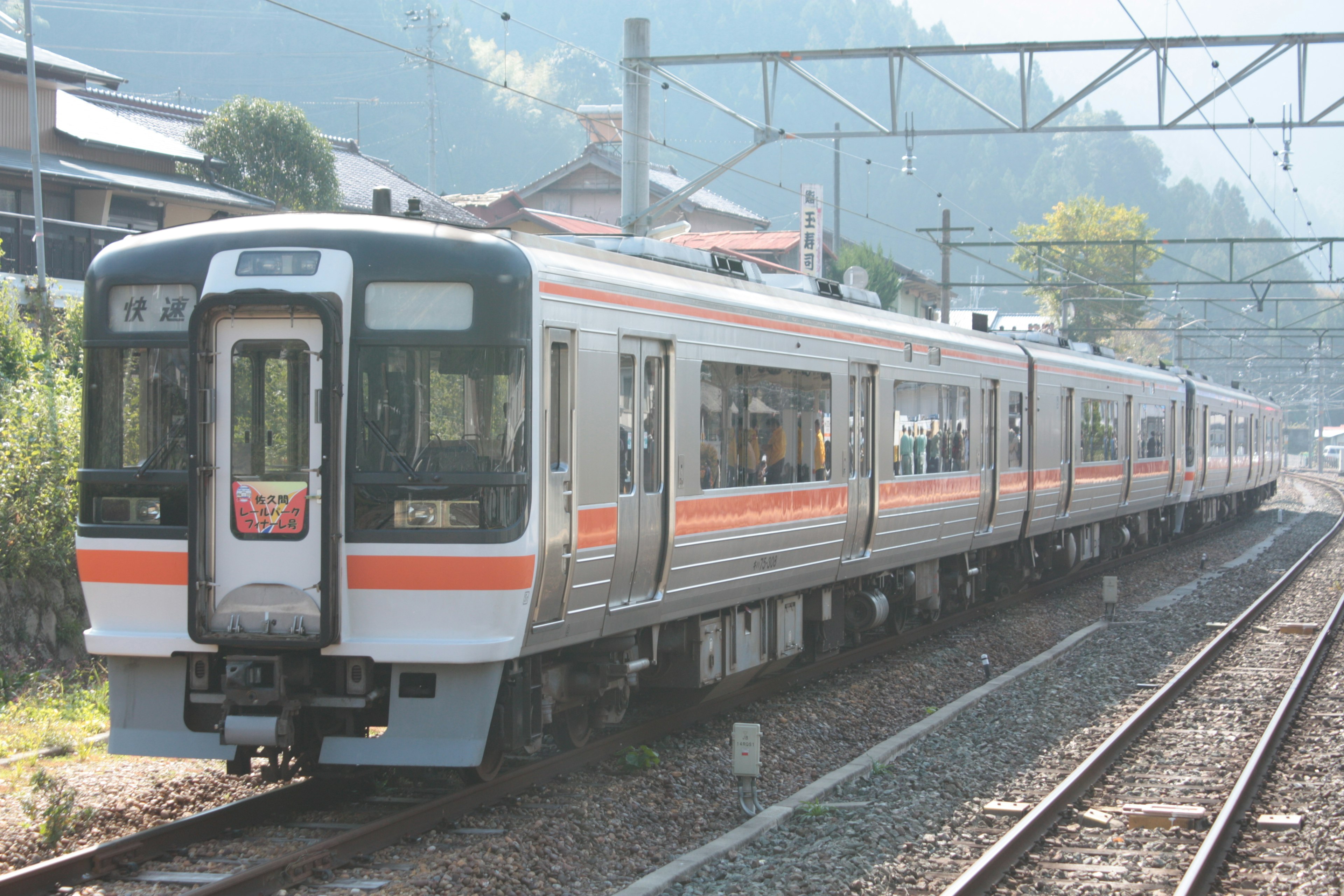 鉄道車両が線路に停車中で周囲に山々