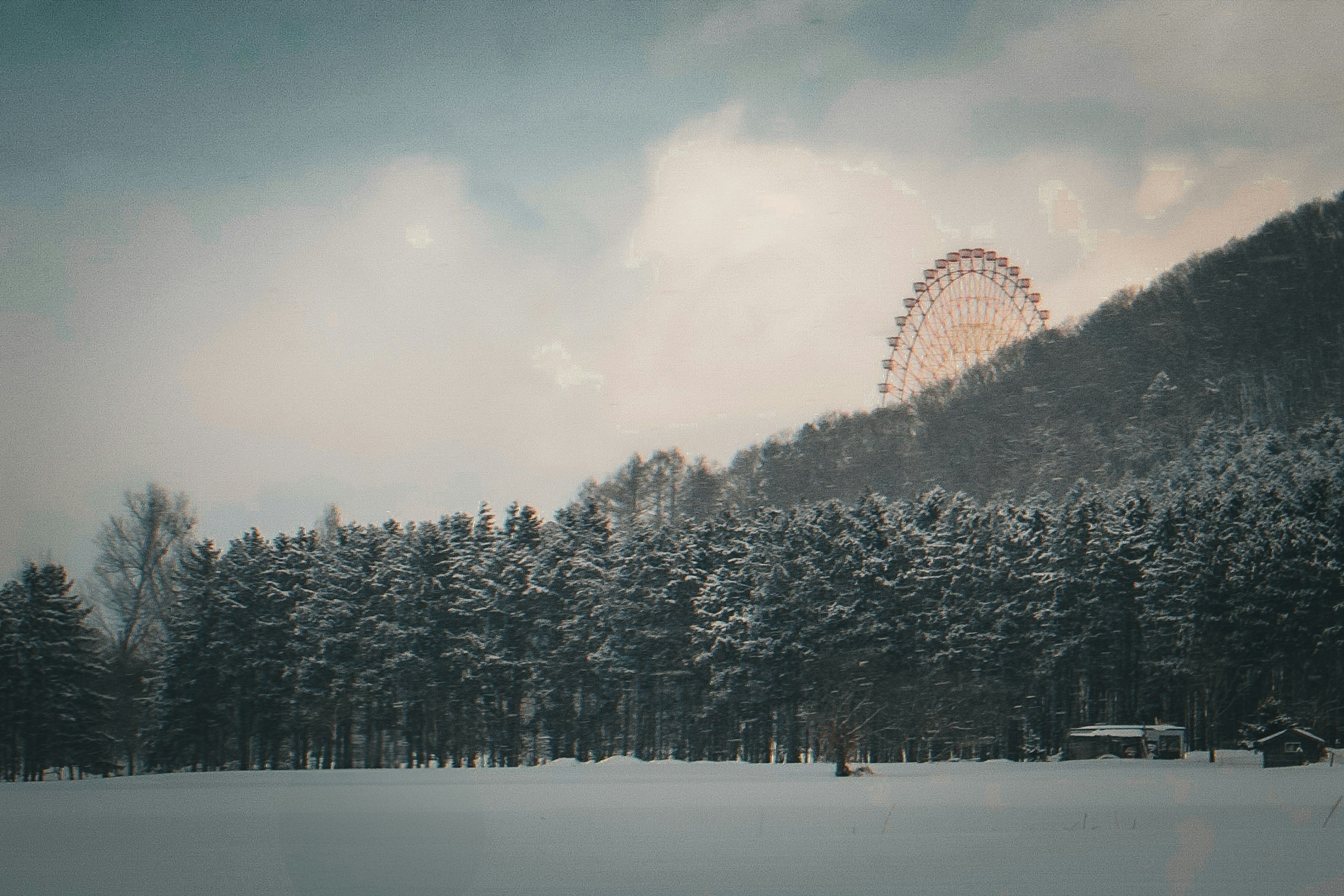 雪覆盖的森林和山后面可见的摩天轮