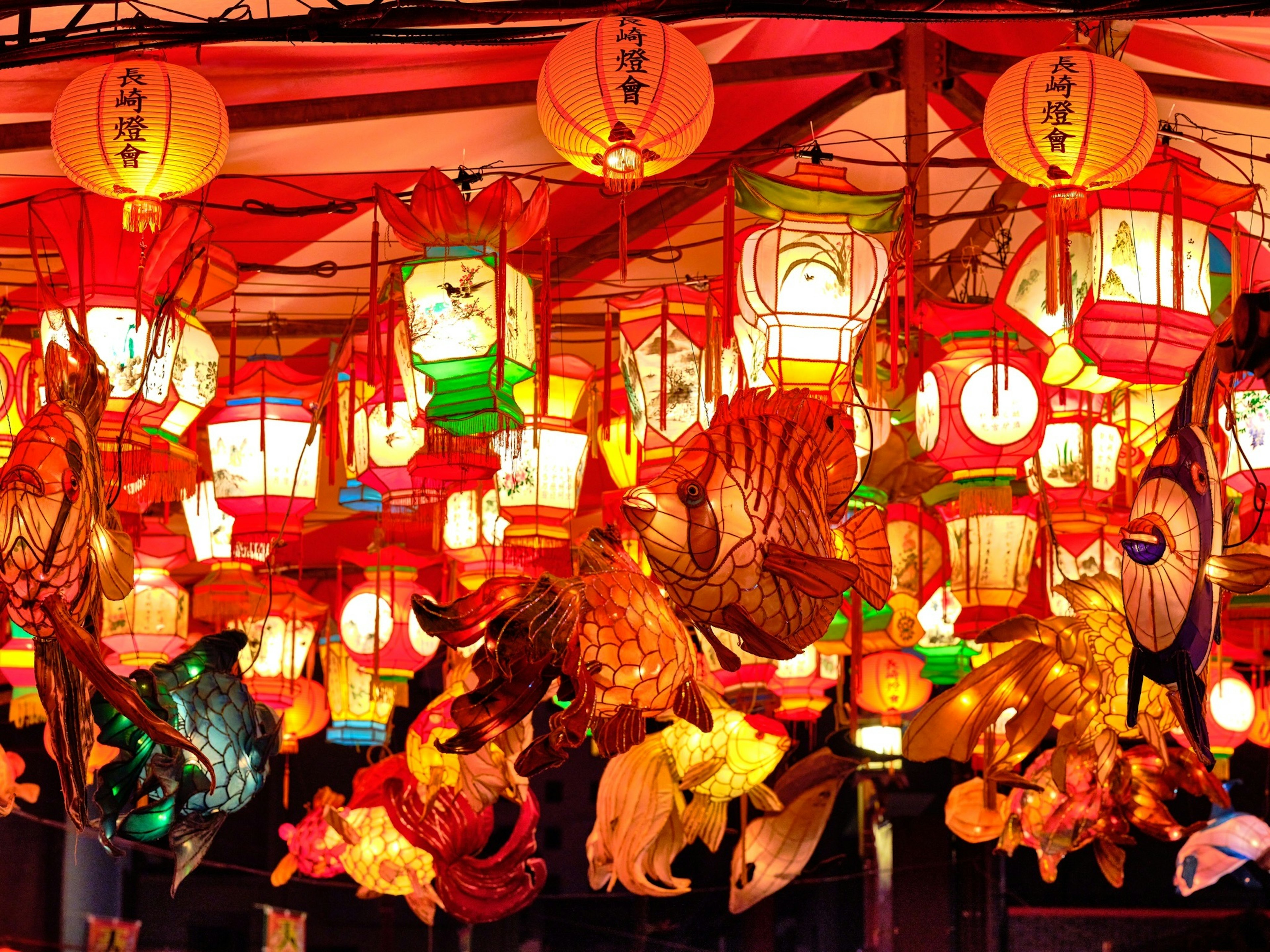 Lanterns colorati appesi in una vetrina vivace