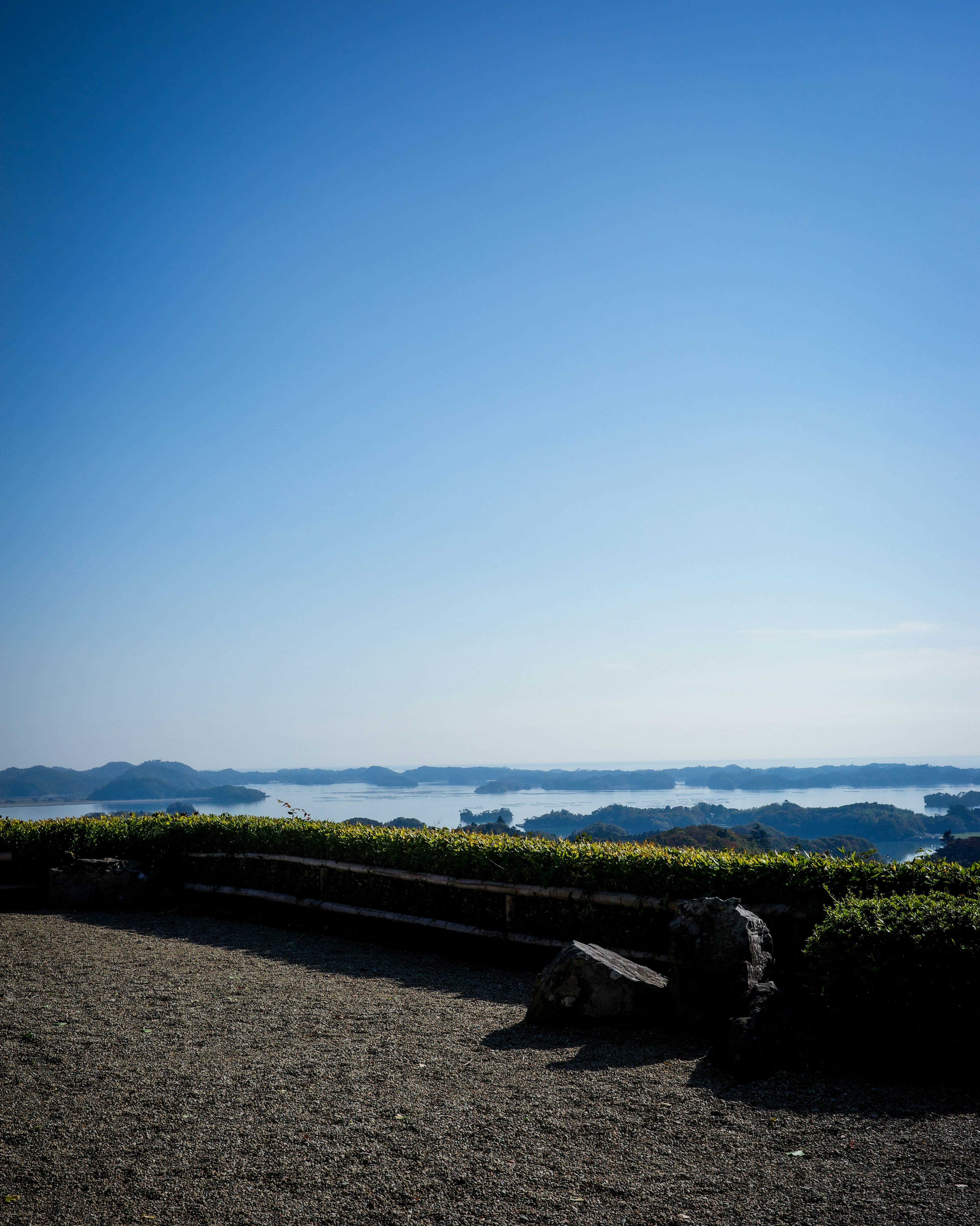 青空の下に広がる海の風景と緑の植栽が特徴の景色