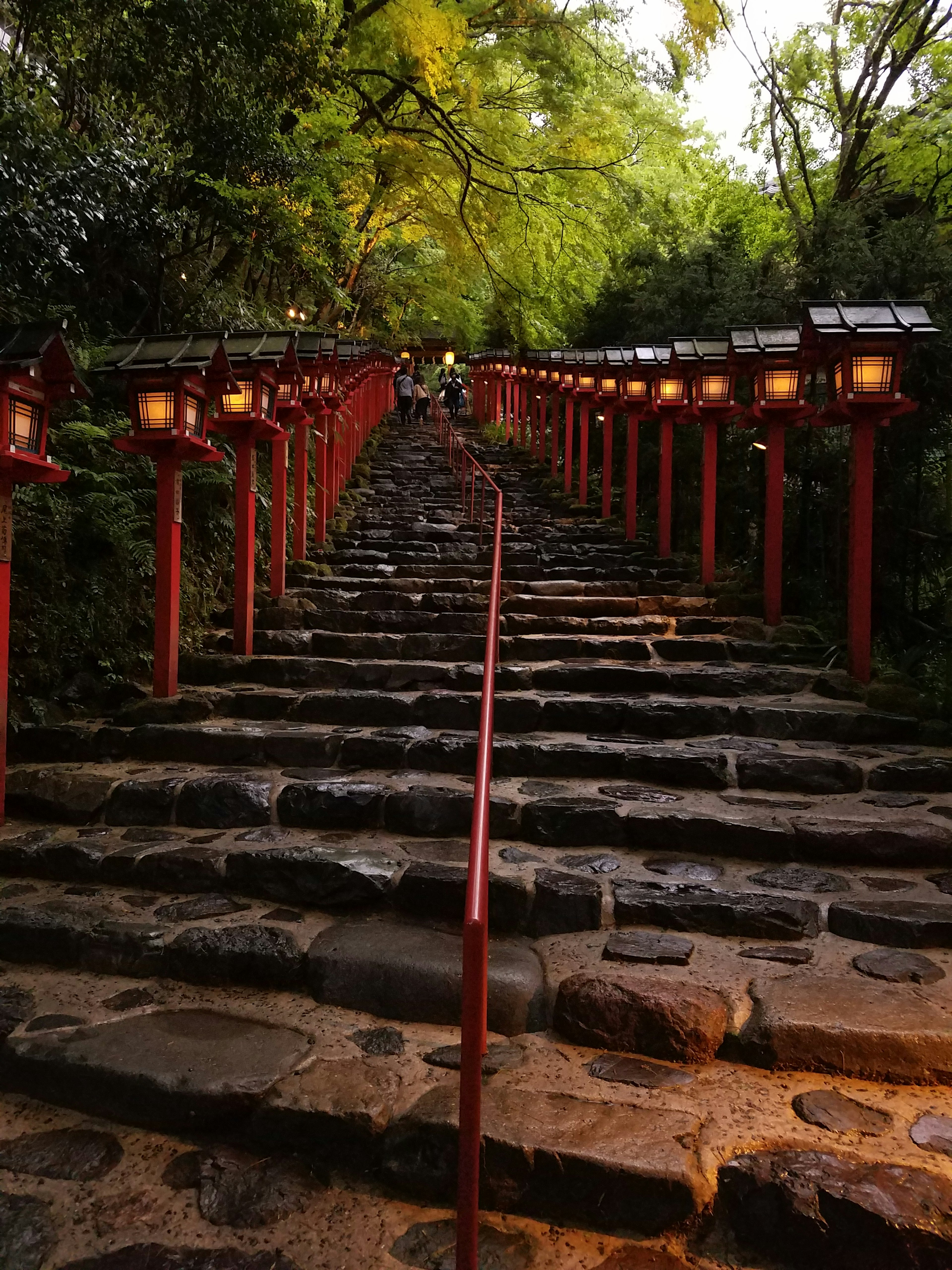 Stone steps lined with red lanterns surrounded by greenery