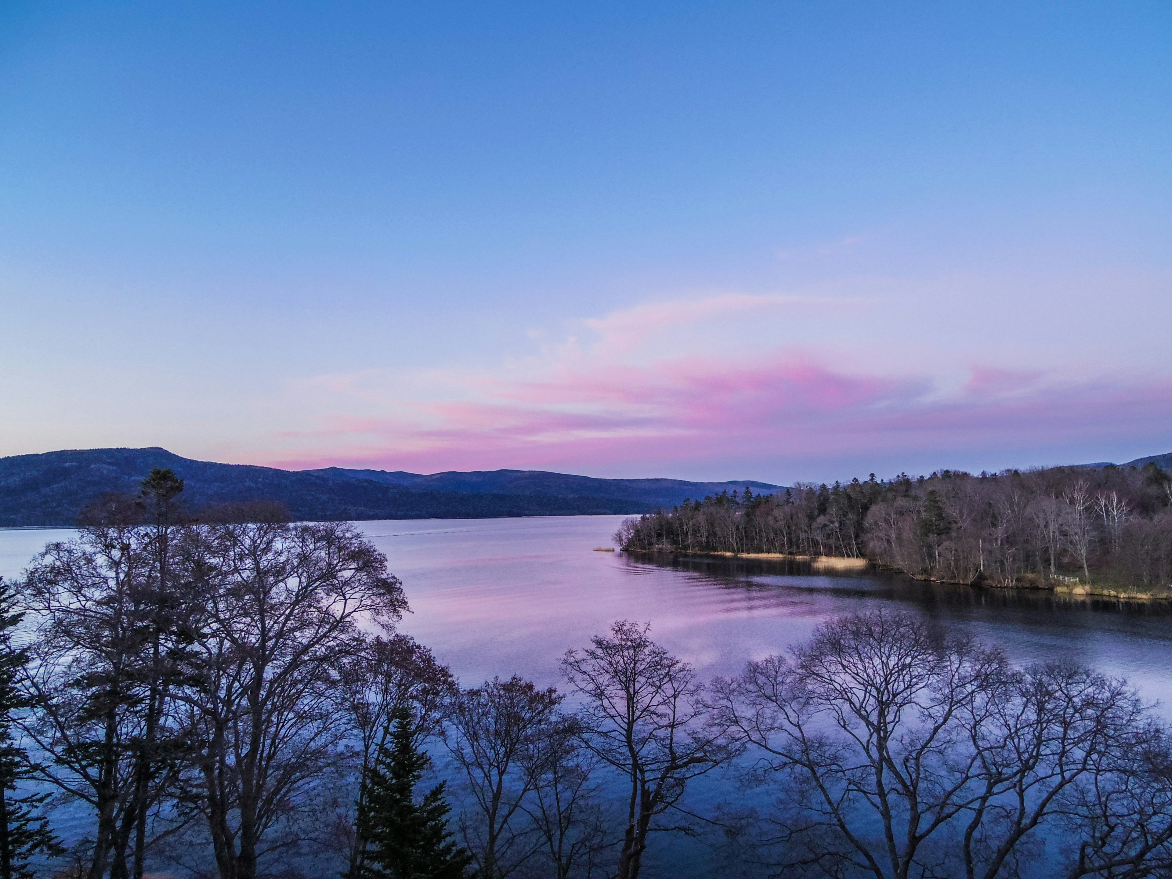 Vista escénica de un lago azul con nubes rosas y árboles a lo largo de la orilla