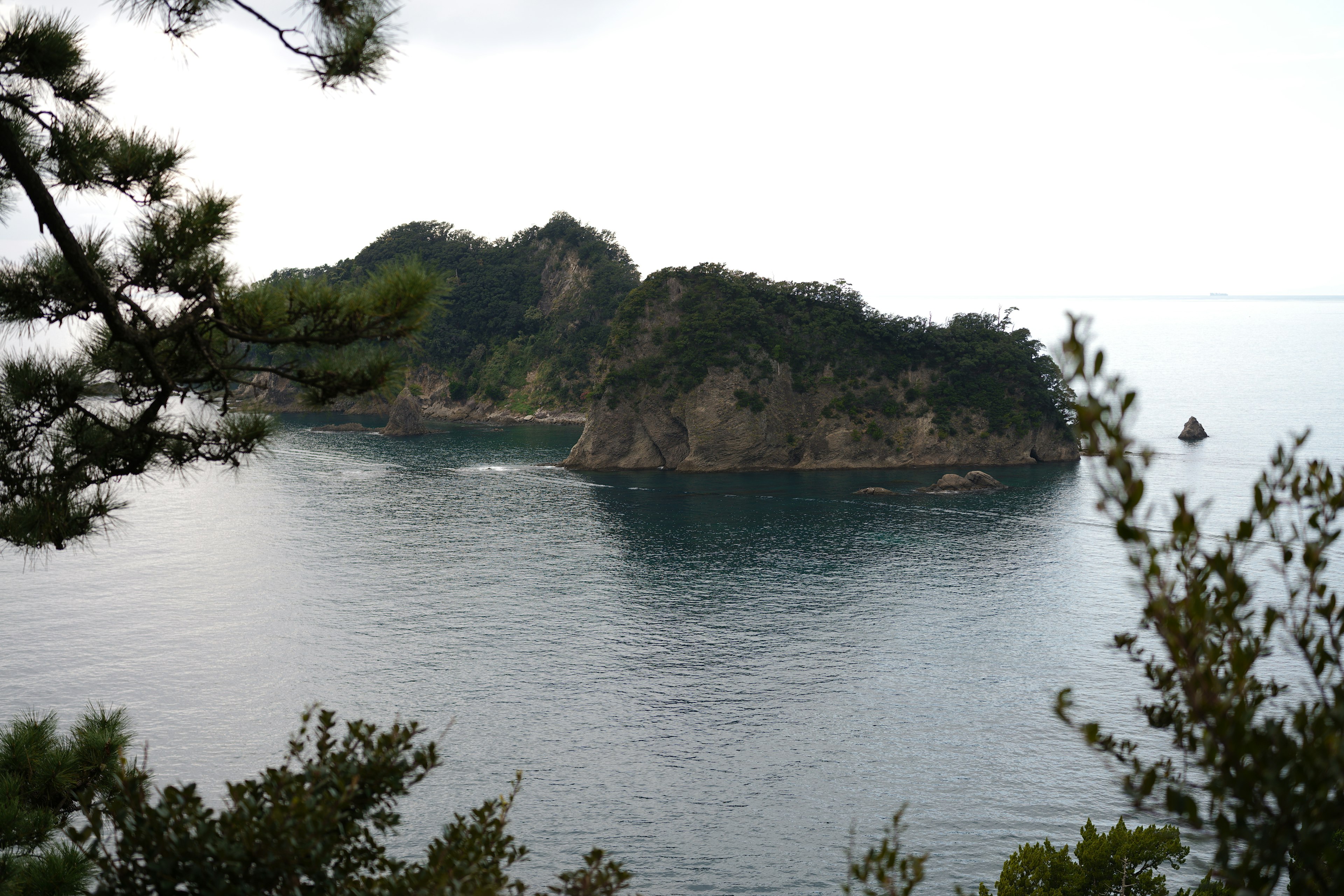 海に浮かぶ小島の風景 緑に囲まれた静かな水面