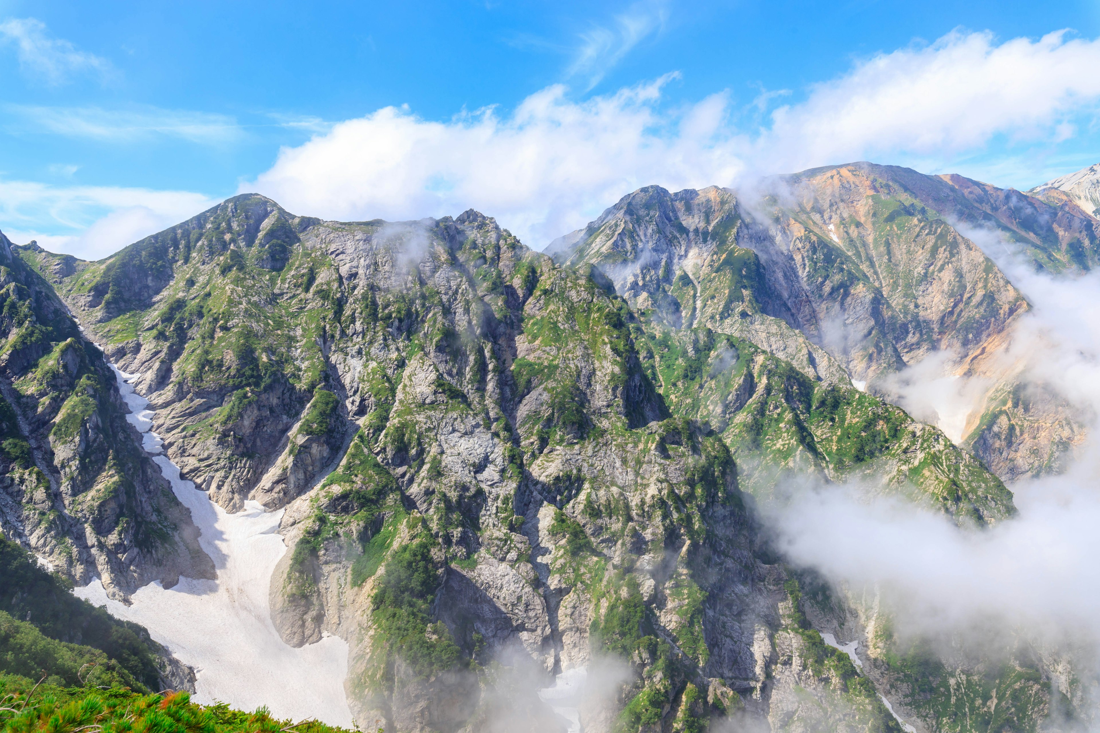 Scenic view of lush green mountains surrounded by blue sky and clouds