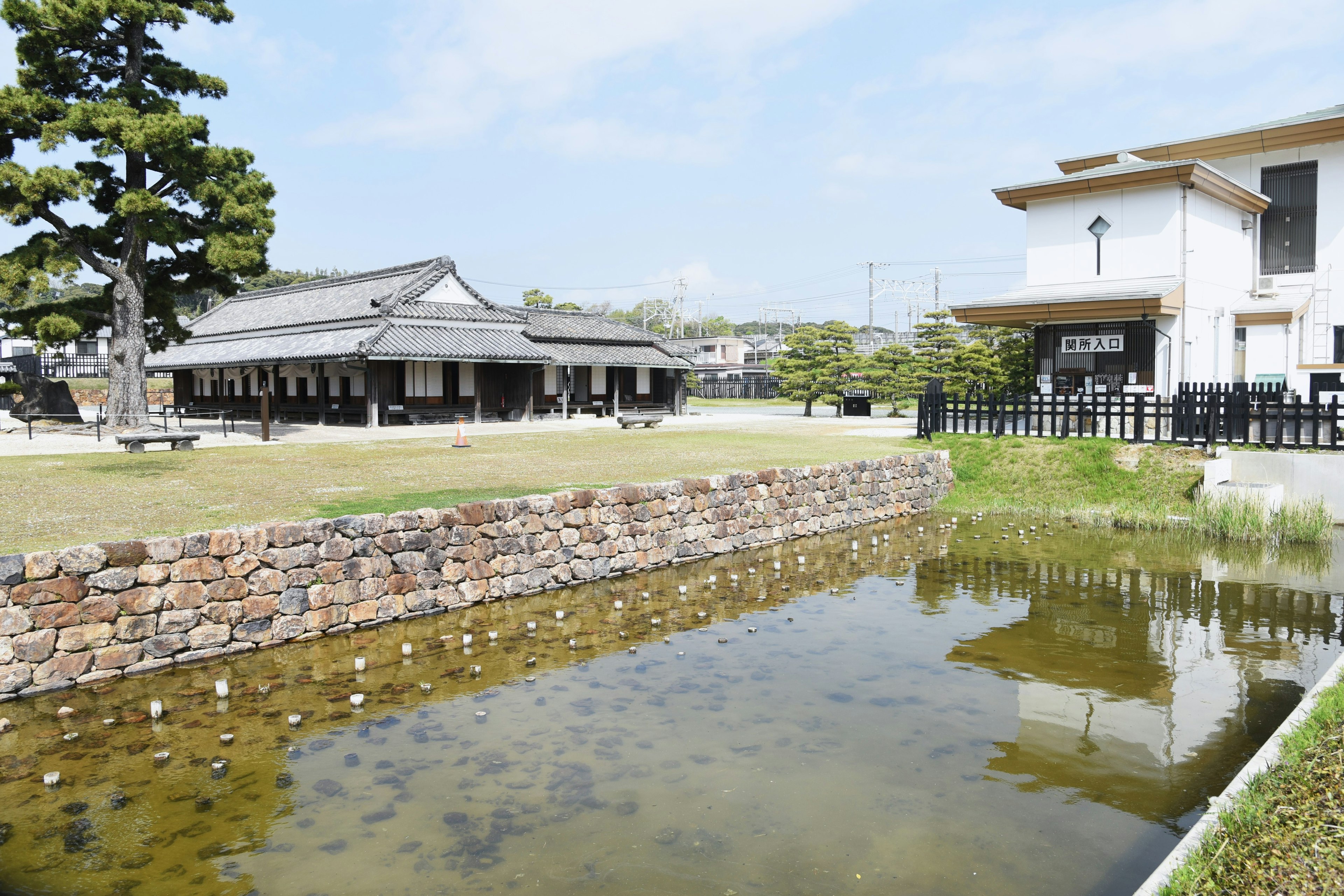 静かな公園の景色にある池と古い建物