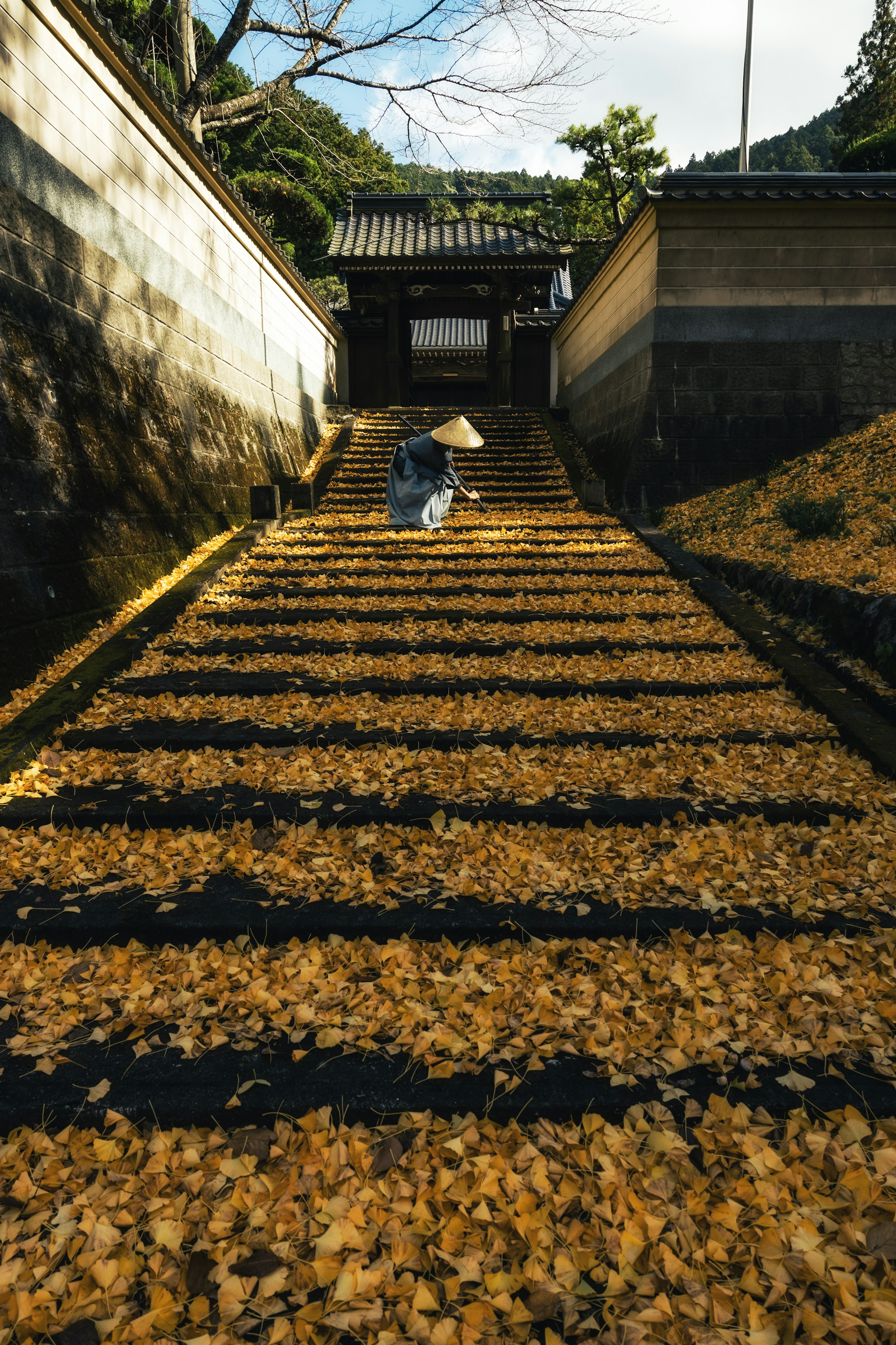 Person walking up stairs covered with yellow leaves