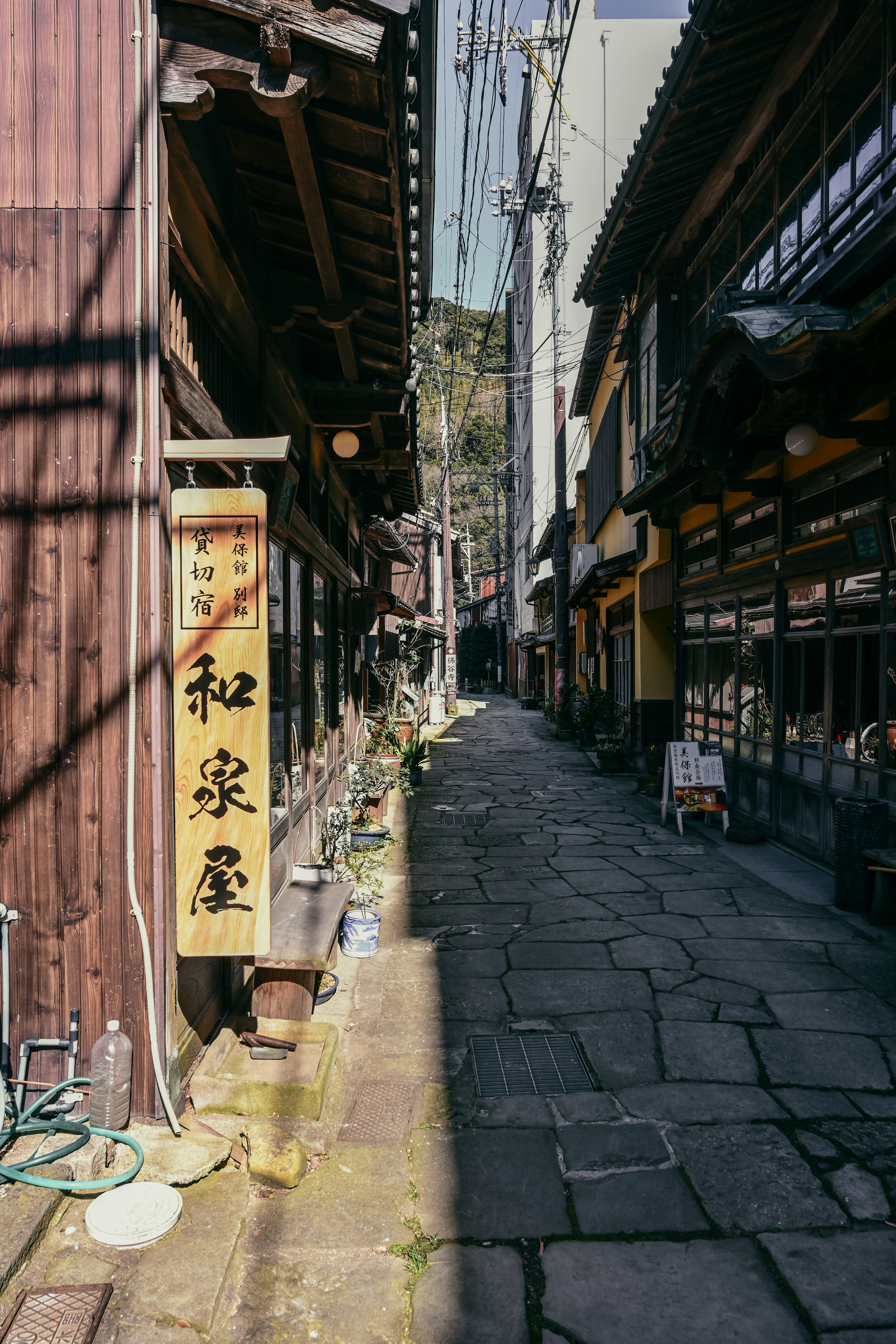 Narrow cobblestone alley lined with old wooden buildings featuring a sign that reads 'Izumiya'