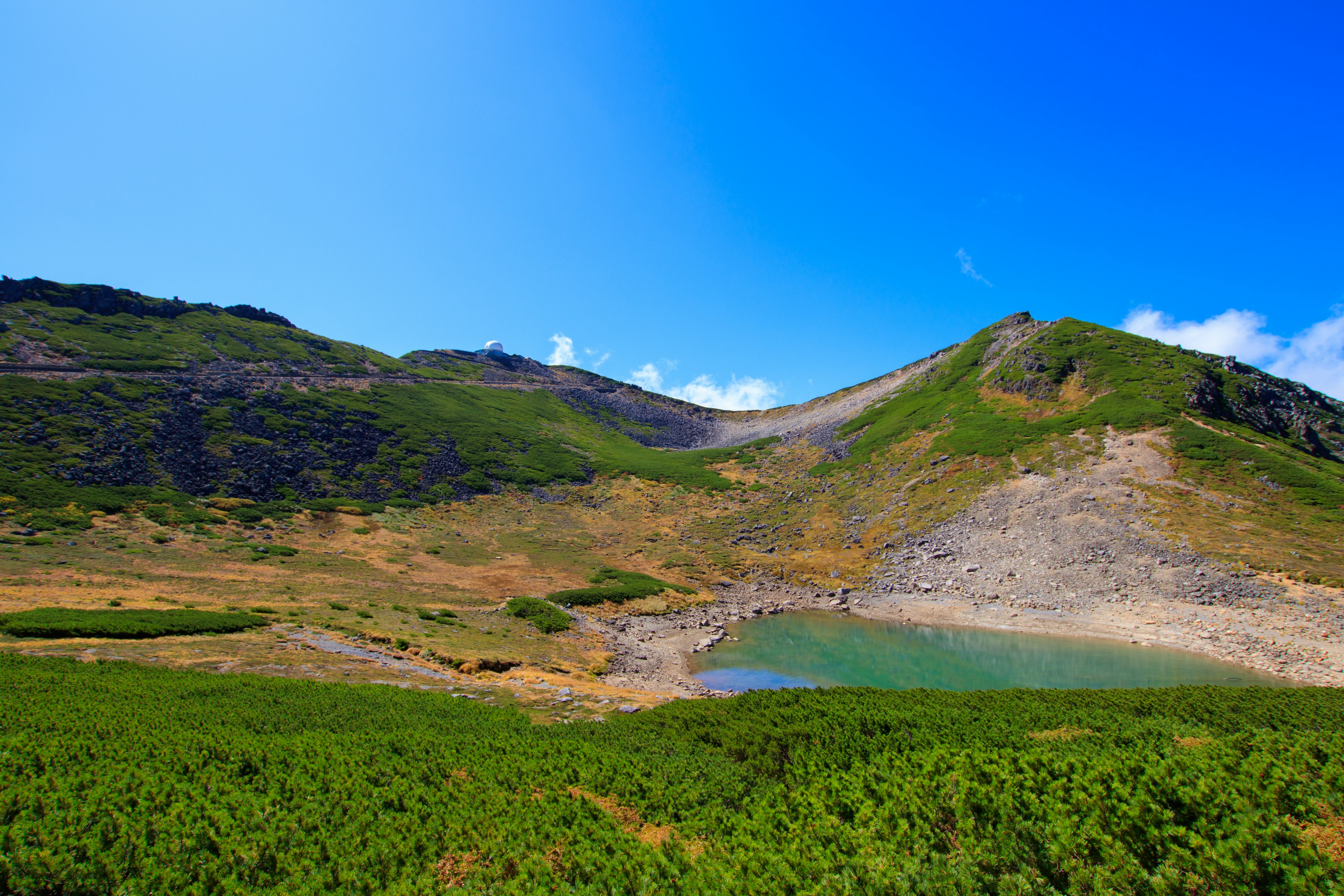 Mountain landscape under a blue sky featuring green grasslands and a small lake