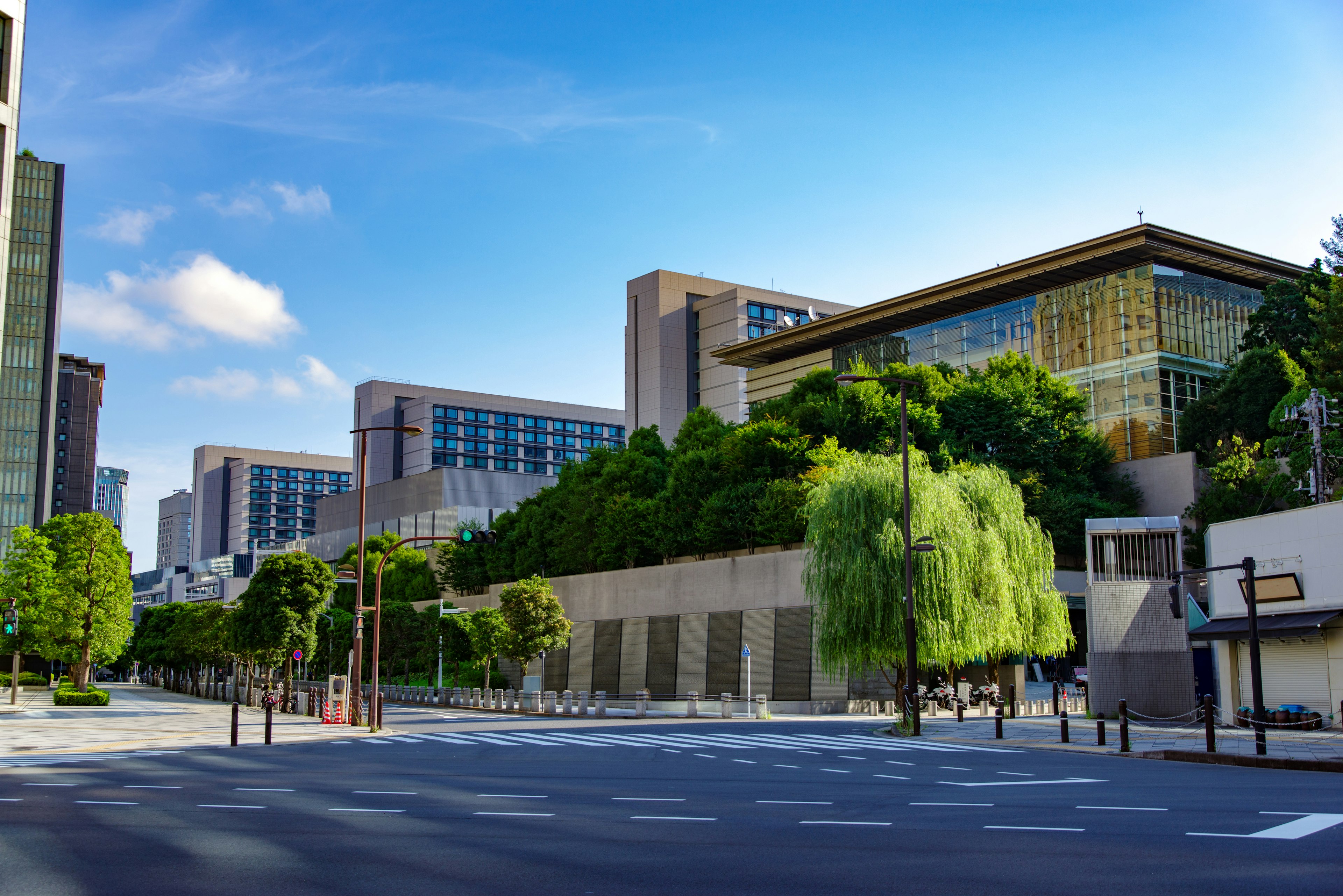 Urban landscape featuring modern buildings and lush greenery