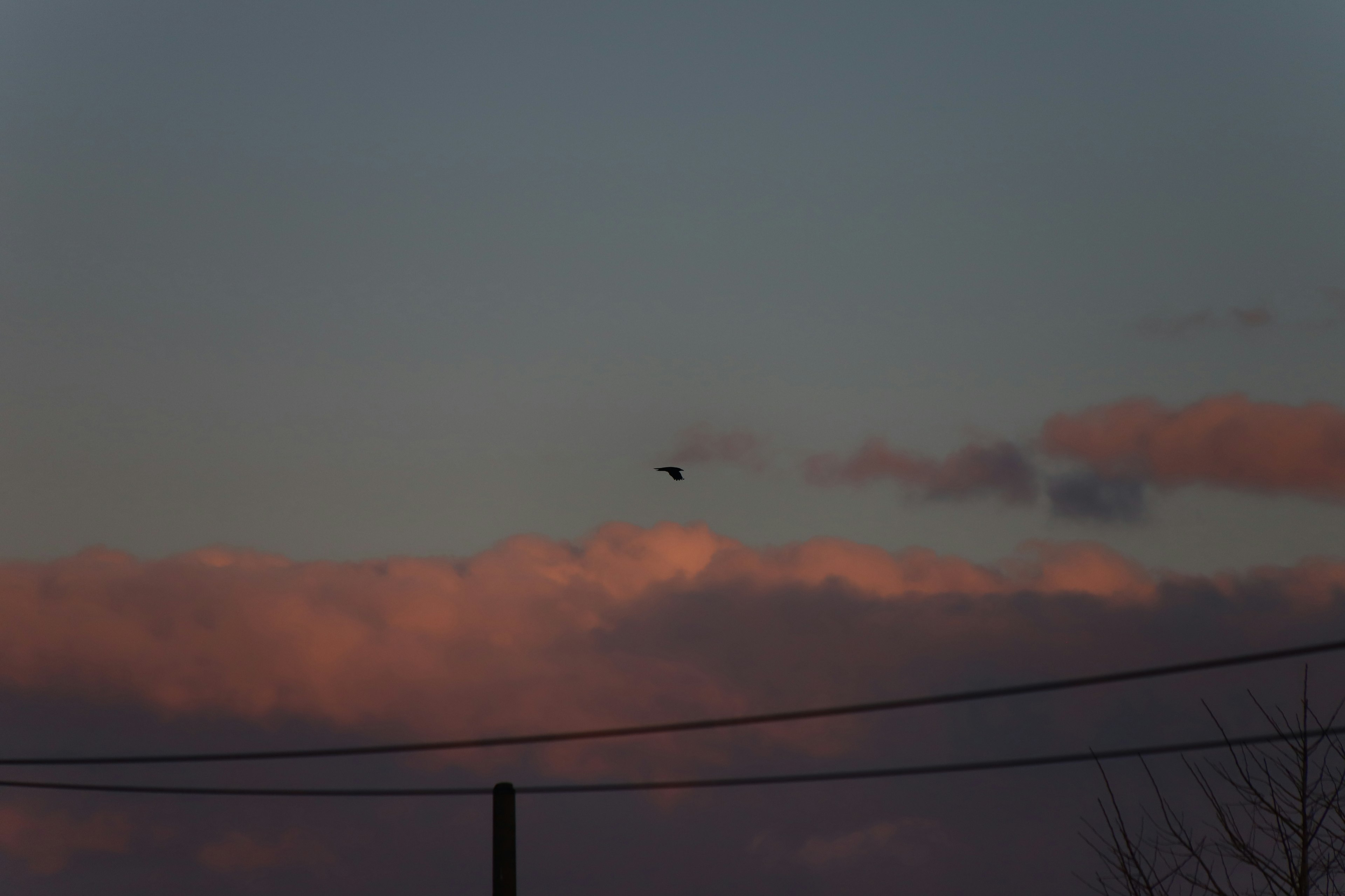 Silhouette von Wolken bei Sonnenuntergang mit Stromleitungen