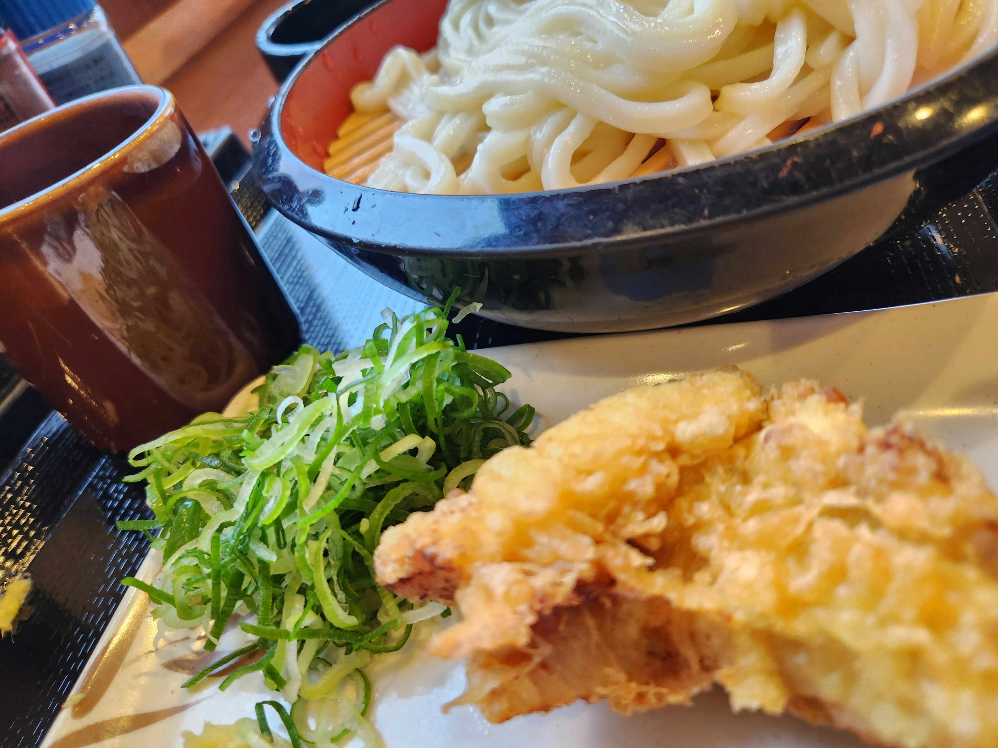 A serving of Japanese cuisine featuring udon noodles, tempura, and green onions