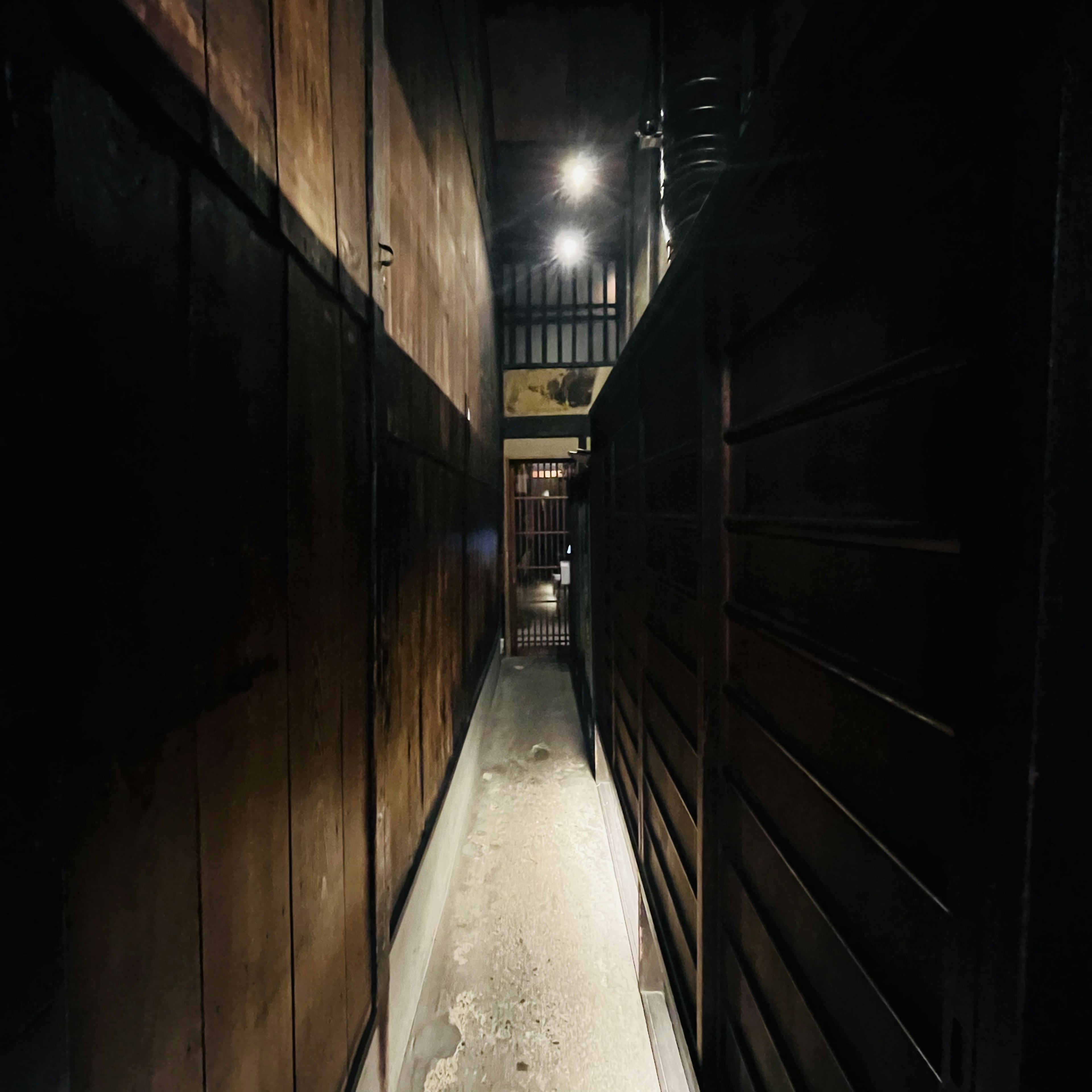 Narrow dark hallway with wooden walls and overhead lighting