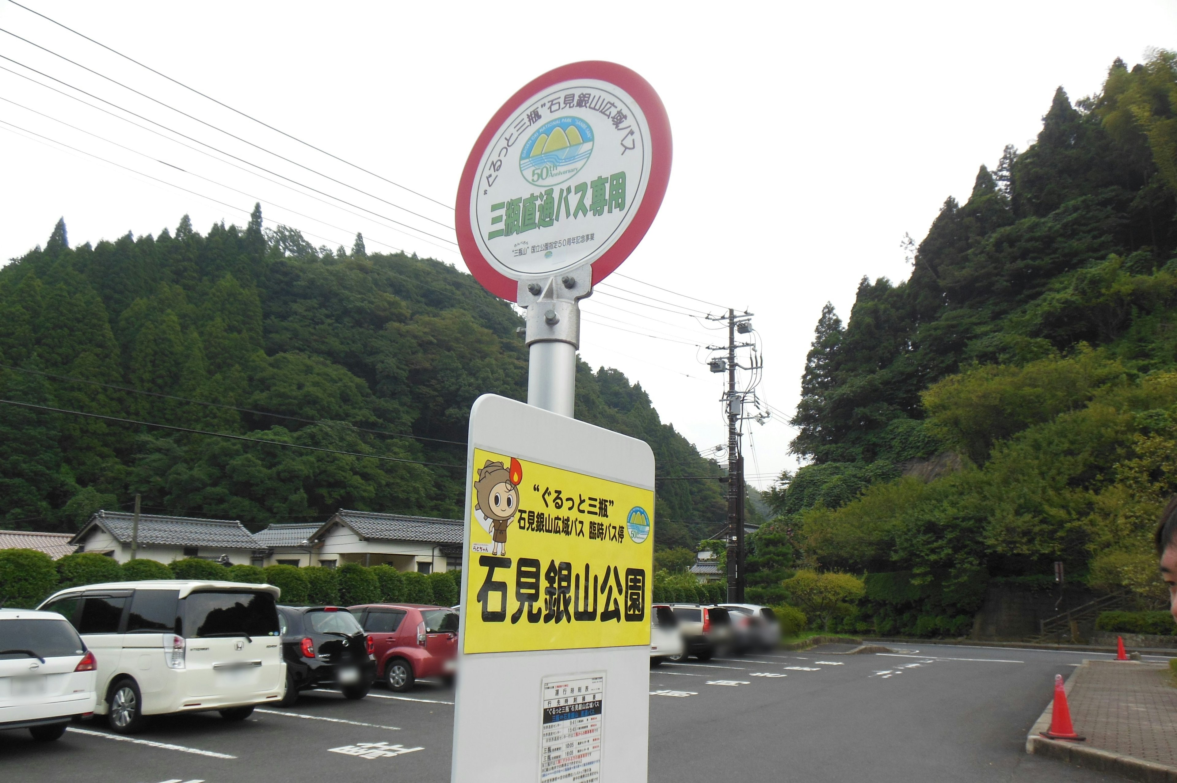 Bus stop sign with surrounding lush greenery