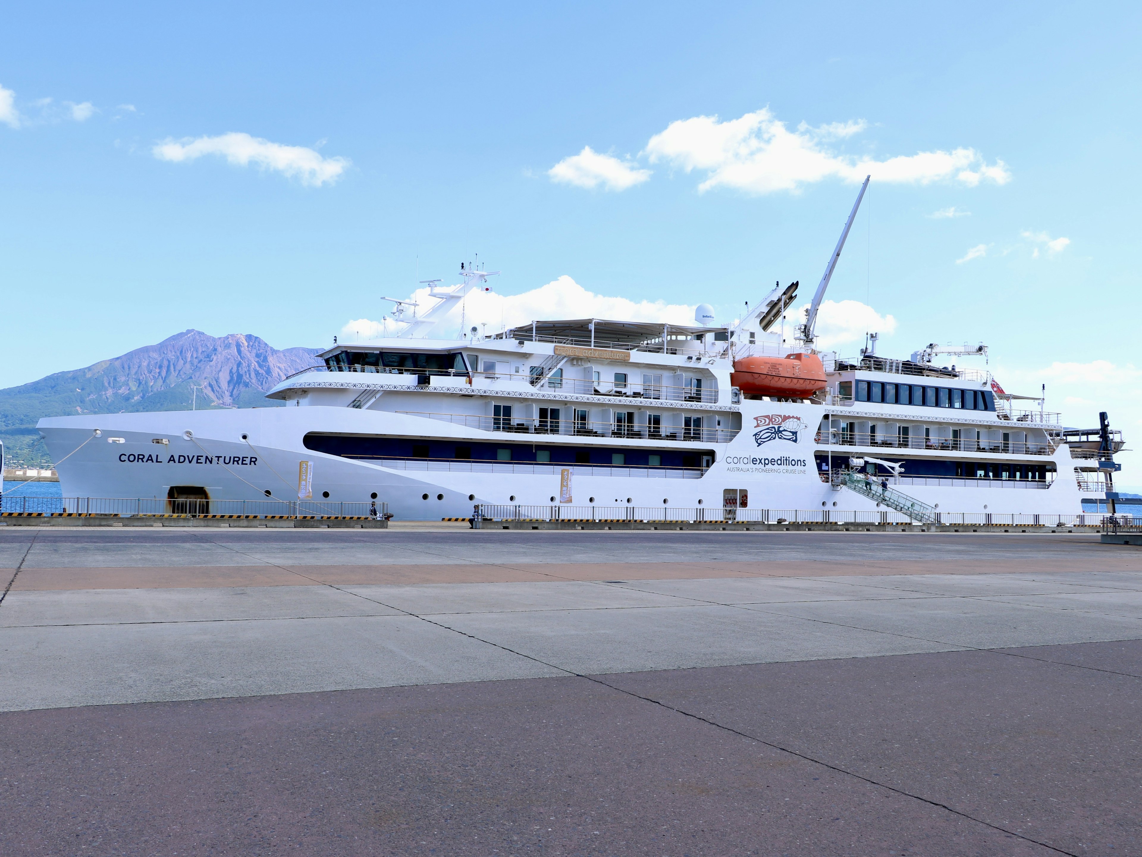 A white cruise ship docked under a blue sky